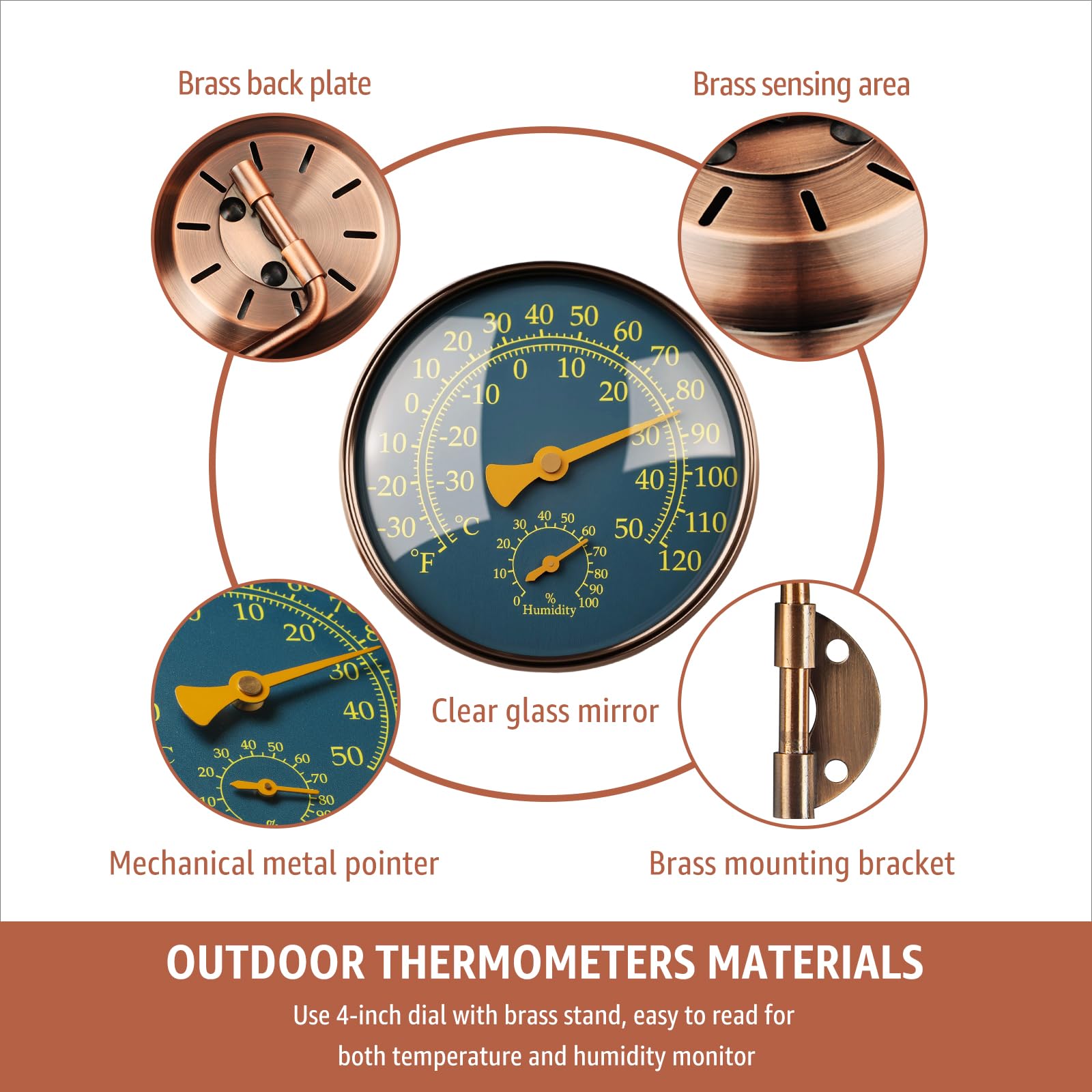 Termómetro de latón para exteriores de 4 pulgadas, medidor de temperatura analógico para patio, invernadero y garaje