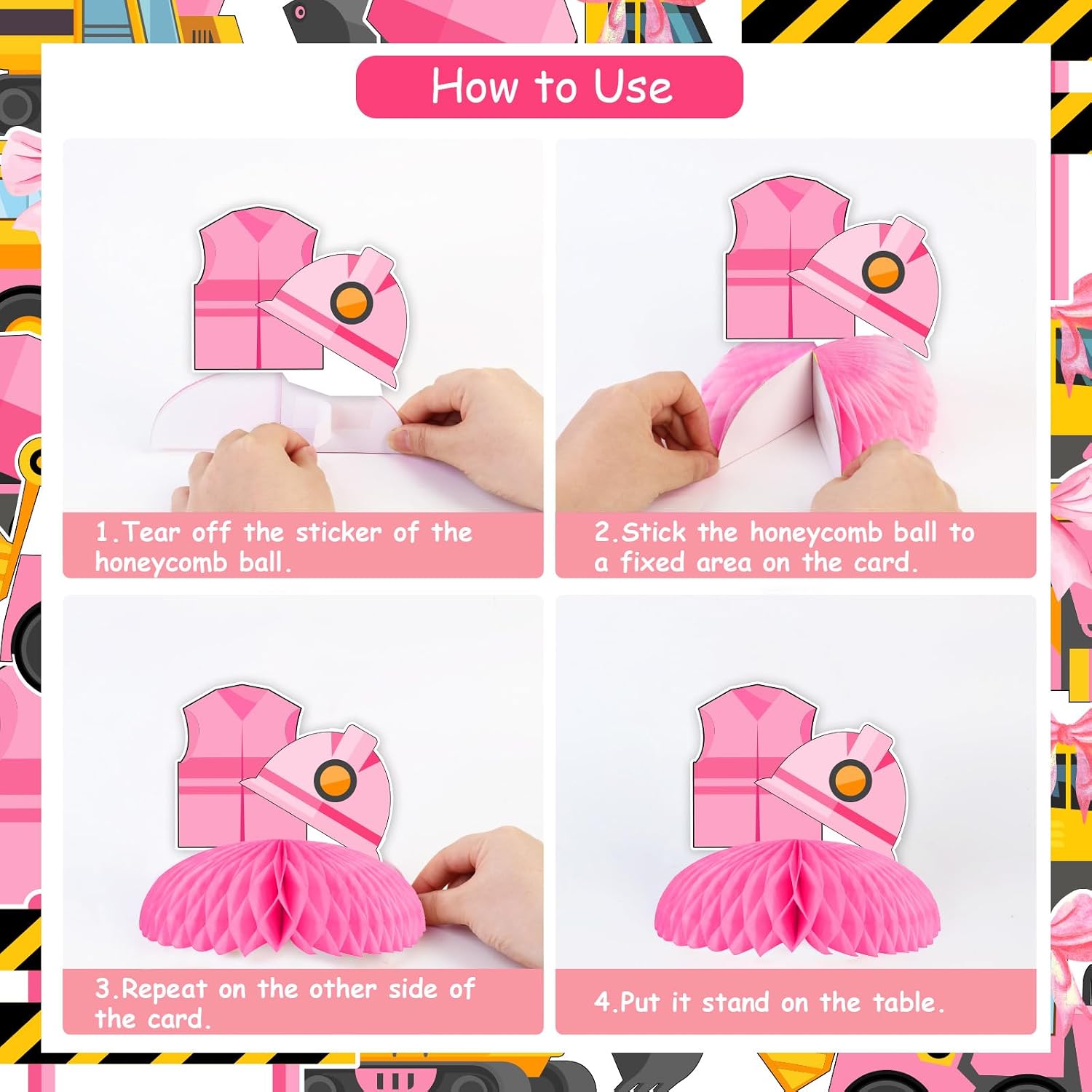 Sursurprise Pink Construction Party Honeycomb Centerpieces, Party Zone Under Construction Table Decorations, Dump Truck Bulldozer Excavator Construction Birthday Baby Shower Builder Party Supplies