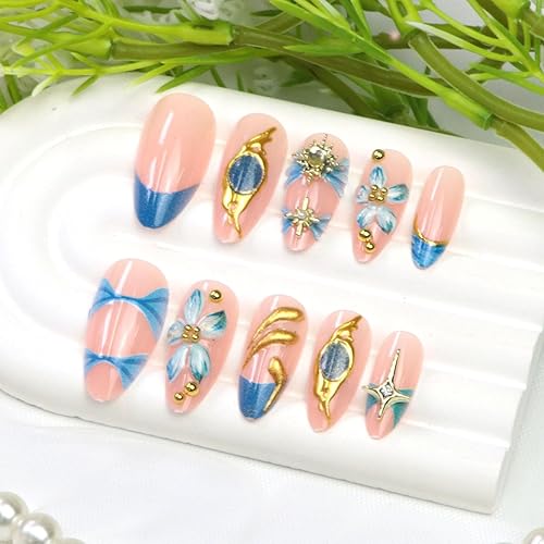 Miniatura 37 de Uñas postizas medianas a presión con lazos 3D, diseño de diamantes de imitación, punta francesa, pegamento brillante en las uñas acrílicas blancas