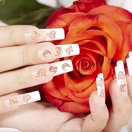 Miniatura 7 de Maitys 24 hojas de letras para uñas, calcomanías de uñas inglesas antiguas, letras holográficas 3D, autoadhesivas, color dorado, alfabeto antiguo,