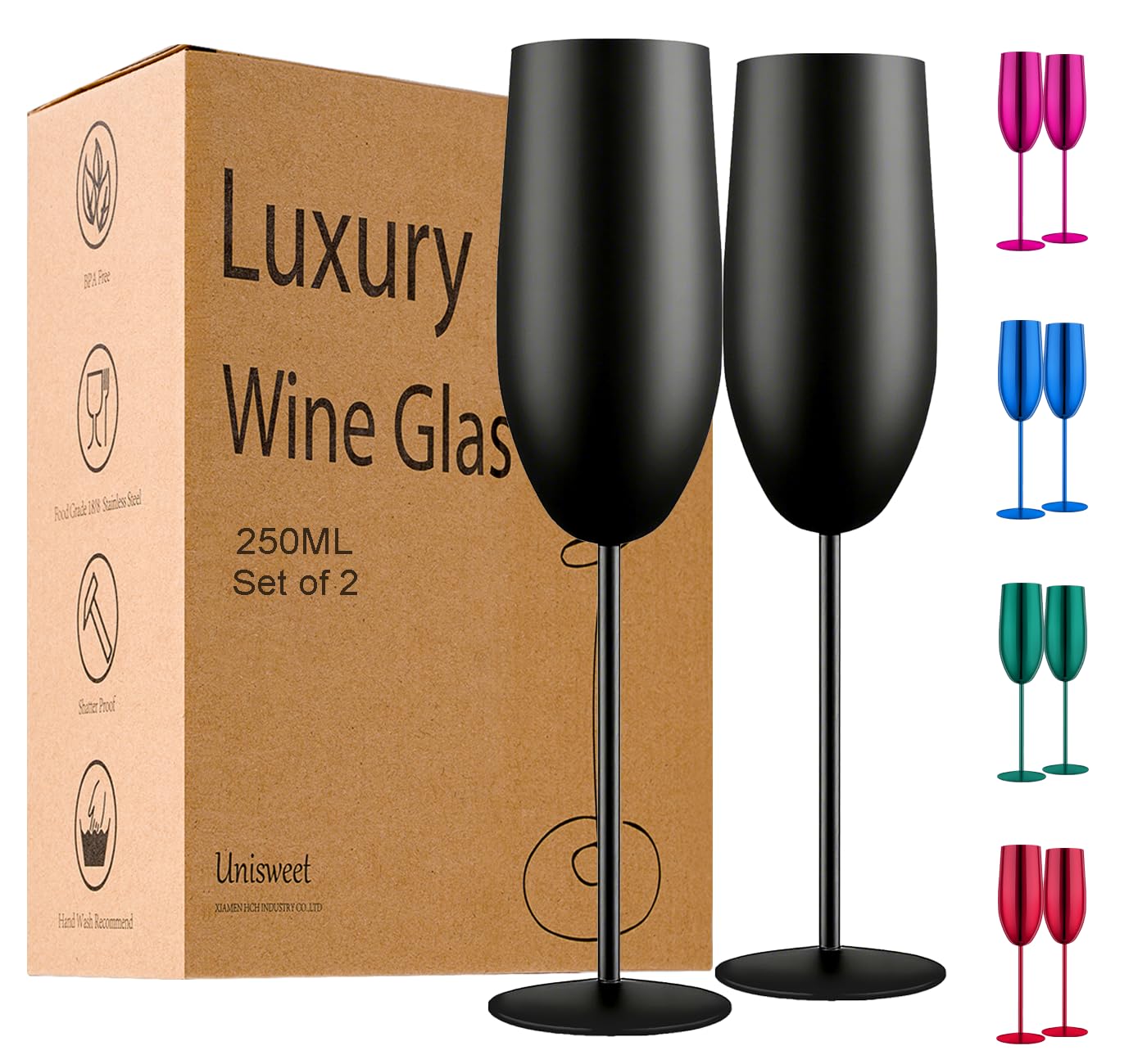 UNISWEET Champagne Glasses Set - 2 Stainless Steel Flutes -1