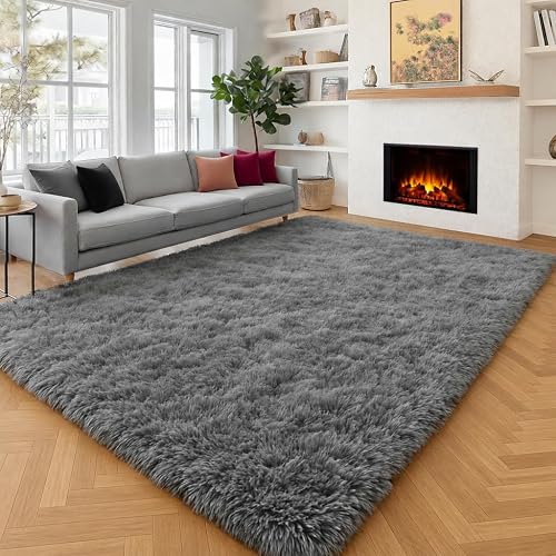 8x10 Living Room Rug Grey, Soft Large Rugs for Bedroom, Thick Shaggy Carpet | Plush Kids Neutral Rugs for Playroom, Fuzzy Modern Large Area Rugs for Classroom, Room Decor Aesthetic Fluffy Shag Indoor Rug