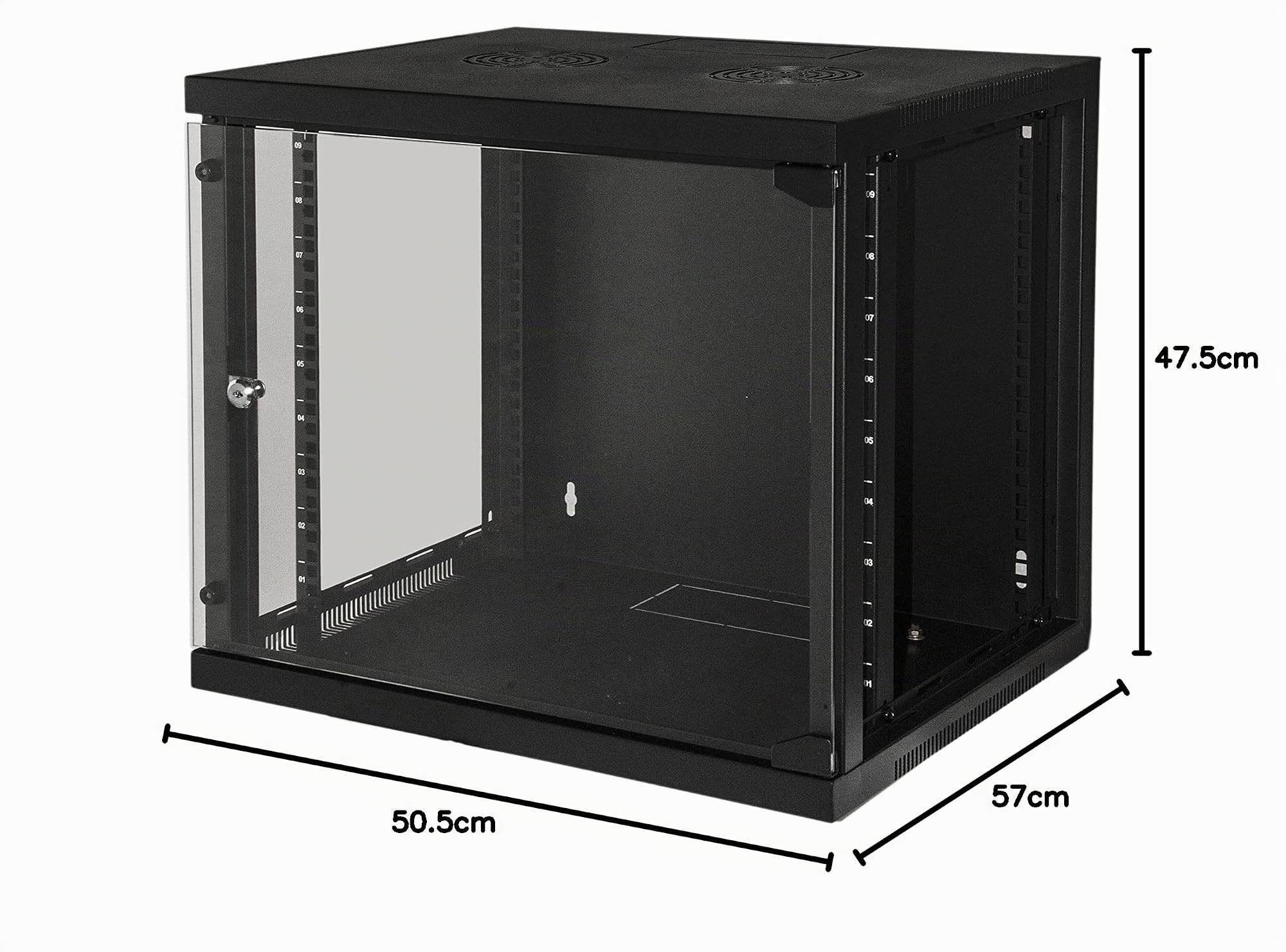 LINK LK1909UN armadio rack 19" 9 unità da muro per reti con fianchi apribili e porta in vetro temprato nero dimensioni 54x45x48,5 cm capacità di carico 50 kg include kit montaggio