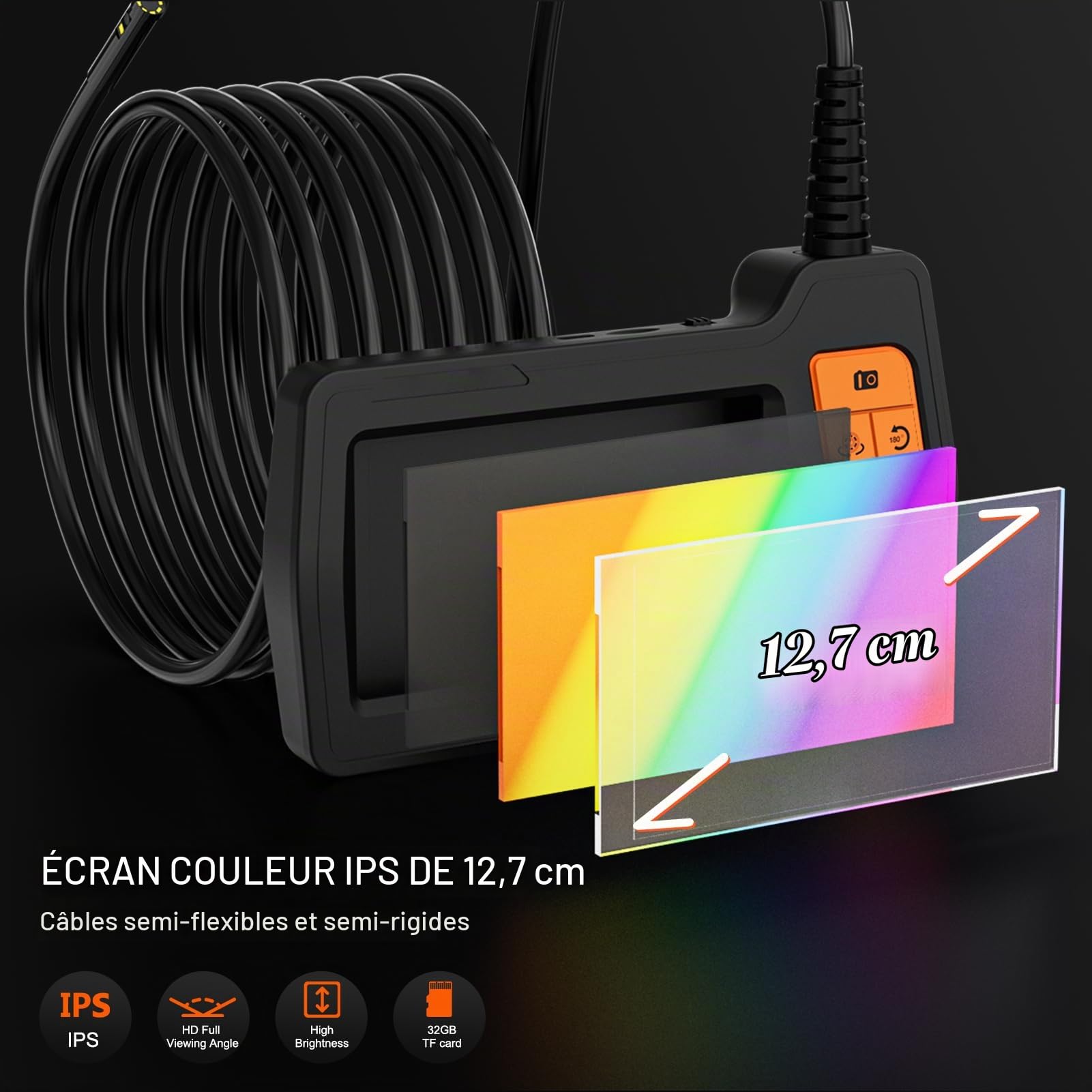 15m Caméra Endoscopique Triple Objectif, Endoscope d'Inspection Serpent 8 mm LCD 5 Pouces avec 10 LED Réglables, Caméra Etanche IP67, 1080P Endoscope Industriel pour Automobile, Câble