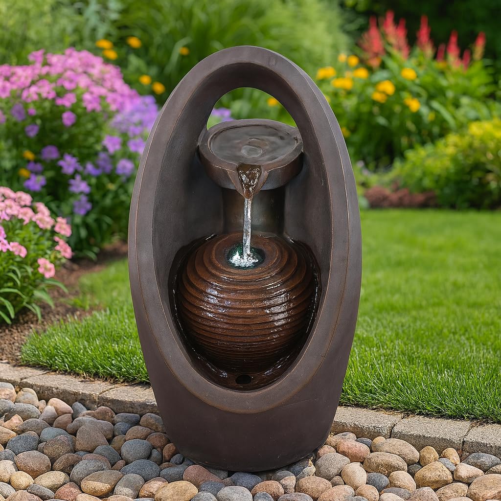 GEEZY Garden Water Feature – Oval Fountain with LED Lights – Mains Powered, Self-Contained, Indoor & Outdoor – Easy Setup, Relaxing & Cascading – Great for Garden, Home, Patio & Balcony Decor