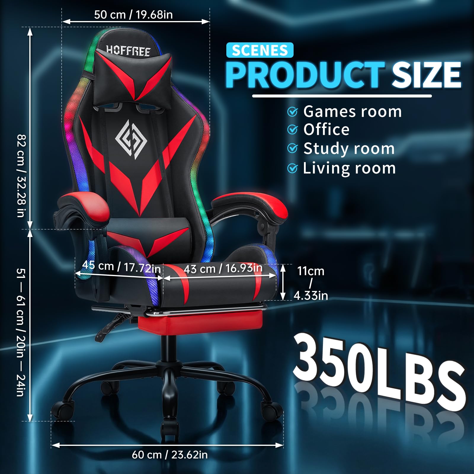 Sedia da gioco con altoparlanti e luce LED, sedia ergonomica per computer con massaggio e poggiapiedi, sedia reclinabile per videogiochi per adulti, supporto regolabile in vita, rosso e nero