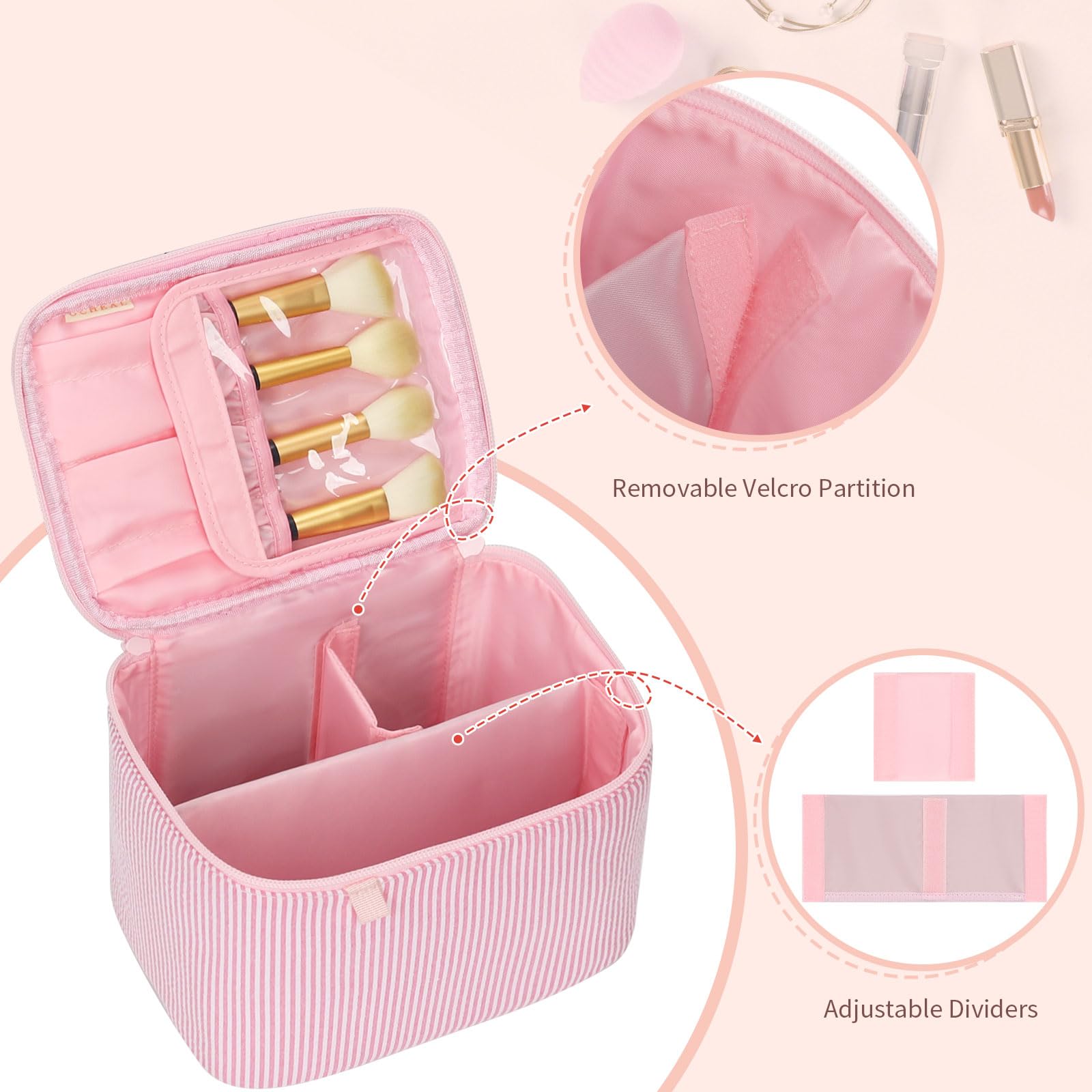 OCHEAL Makeup Bag Large Capacity Travel Make up Pouch for Cosmetics, Vertical Storage with Divider Toiletry Bag for Skincare Organization-Pink