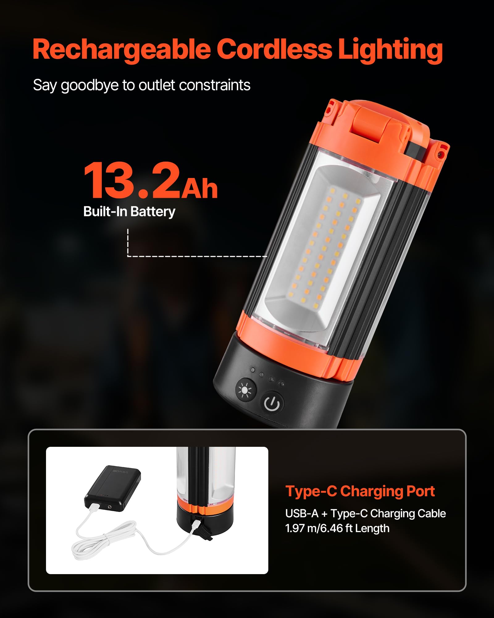 VEVOR Luz de Trabajo LED con Trípode 13,2 Ah, Foco Recargable de Trabajo con 3 Cabezales, Recargable, Inalámbrica, 2200 Lúmenes, 3000 K-6500 K, Iluminación Portátil para Obras de Construcción