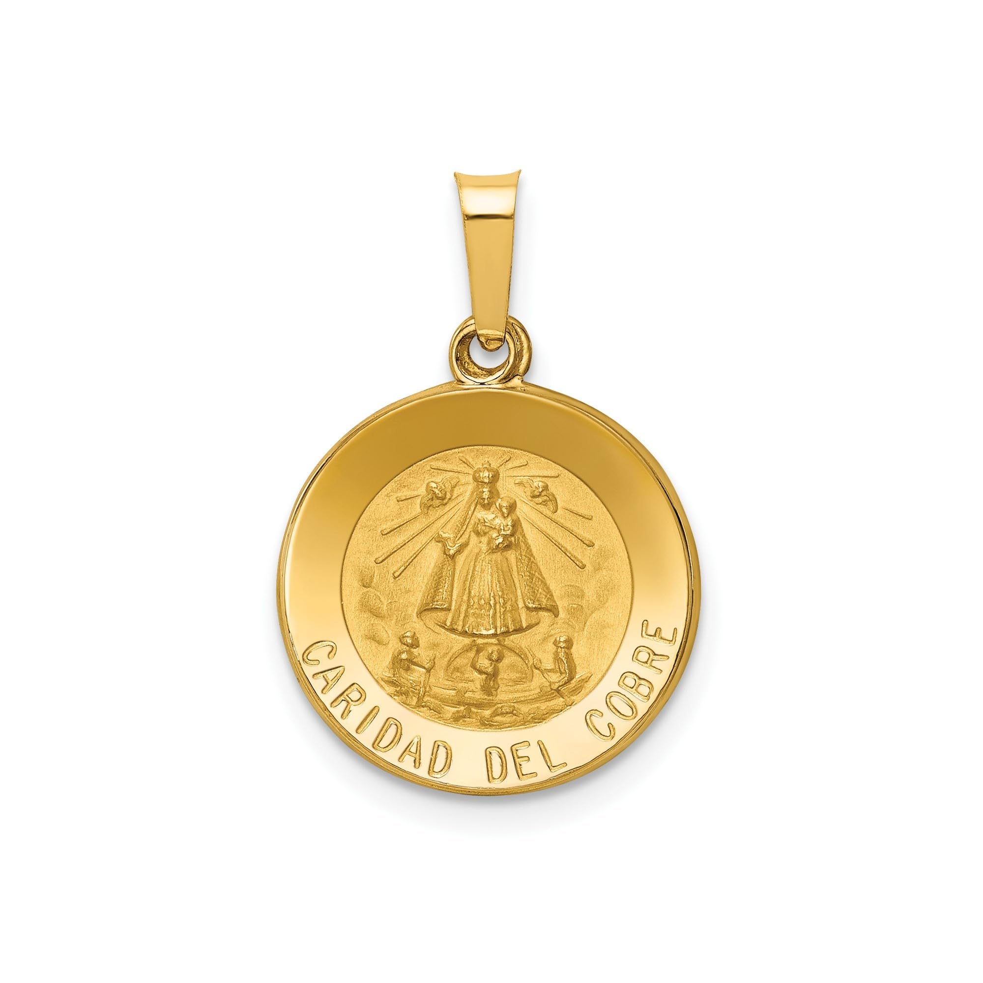Hollow Caridad Del Cobre Religious Round Pendant, Genuine 14k Yellow Gold, Polished & Satin Finish, Die-Struck Design, Engravable Back, 15mm Width -