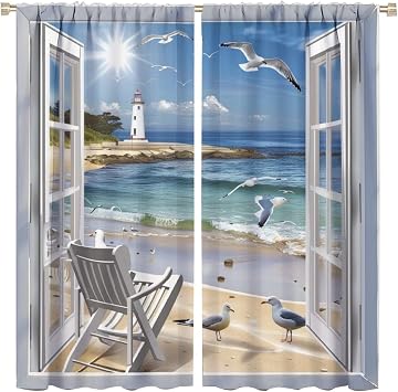 Colorful Beach Blackout Curtains for Bedroom Living Room, Rod Pocket Window Scenery Lighthouse Curtains Thermal Insulated Window Drapes 2 Panels, Each 42W x 84L