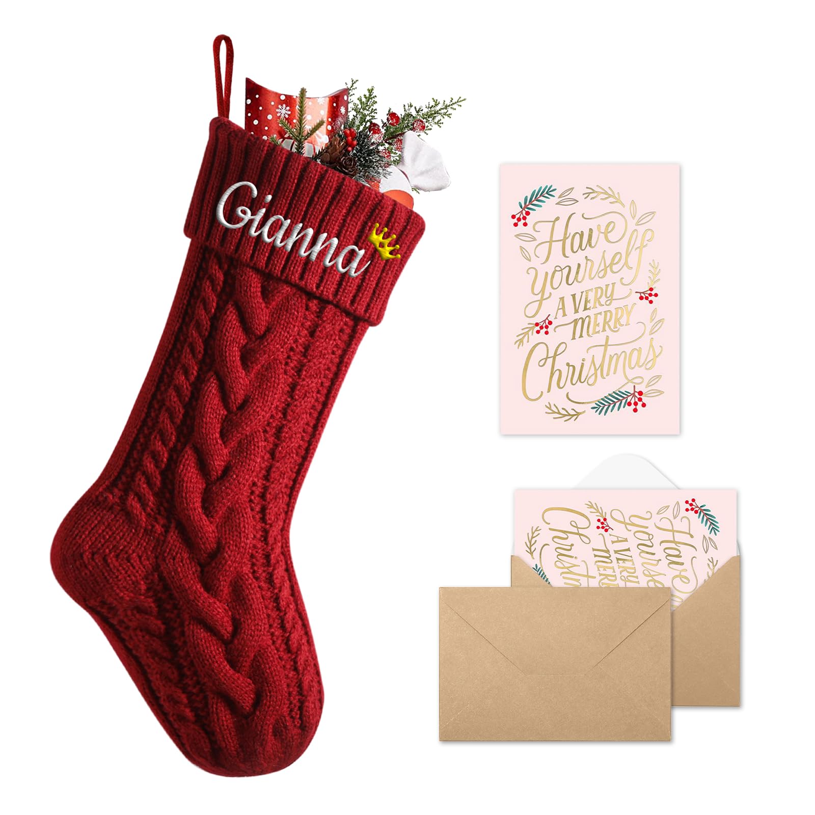 bolukets Personalised Christmas Stockings with Christmas Cards, Custom Embroidered Name Monogram 18" Large Knit Christmas Stocking for Family Red