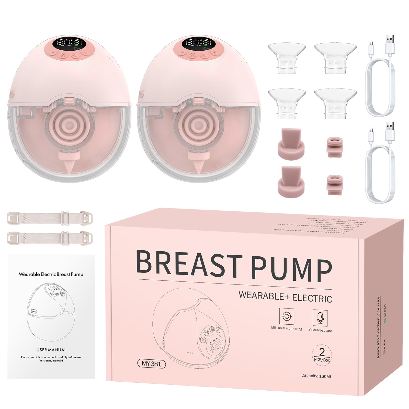 FUNYKICH Tiralatte Elettrico Indossabile Senza Mani con Monitoraggio Intelligente e Promemoria Vocale,4 Modalità/12 Livelli di Suzione,Flange 19/21/24 mm,Senza BPA,Tiralatte Elettrico Doppio Rosa