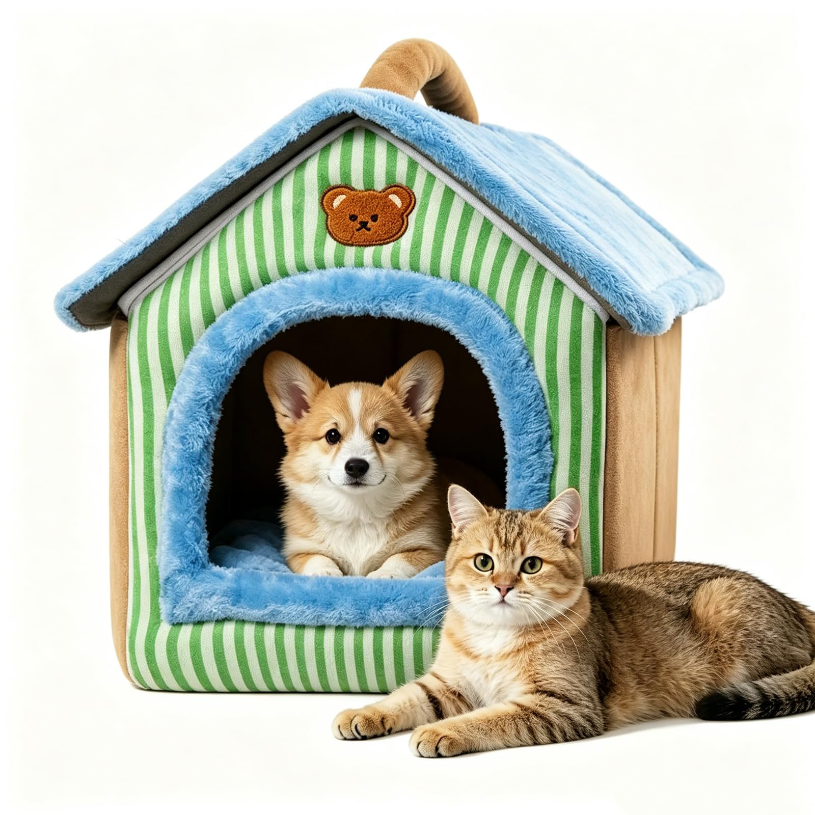 Bear Style Indoor Dog House Bed, Warm Enclosed Cave Dog Bed House