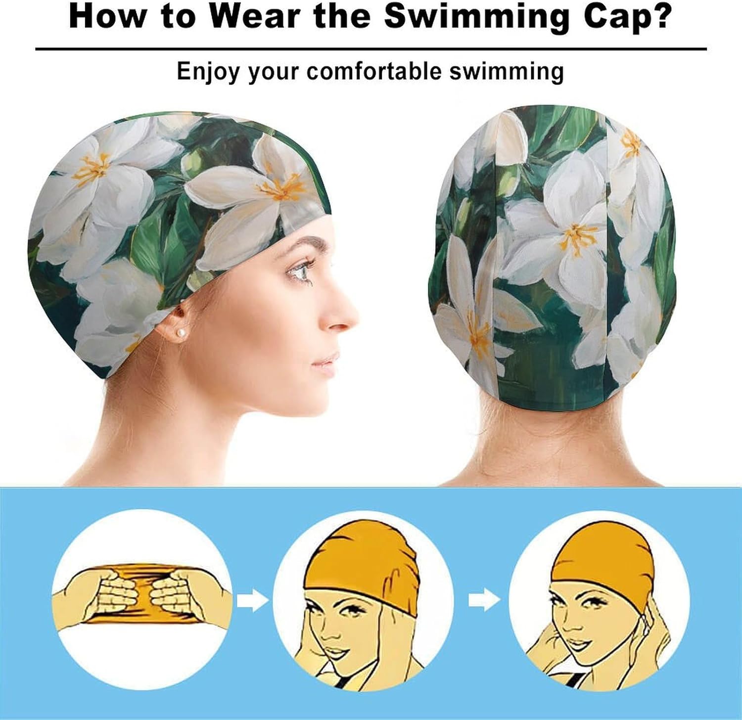 White Jasmine Flowers Womens Swim Cap for Men Adult Swimming Hat Curly Short Medium Long Hair