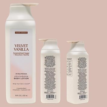 Scent Land Ultra-Hydrating Body Lotion Set, Silk Sheets and Cashmere Skin, 18 Fl Oz Each (Velvet Vanilla & Linen Drift)