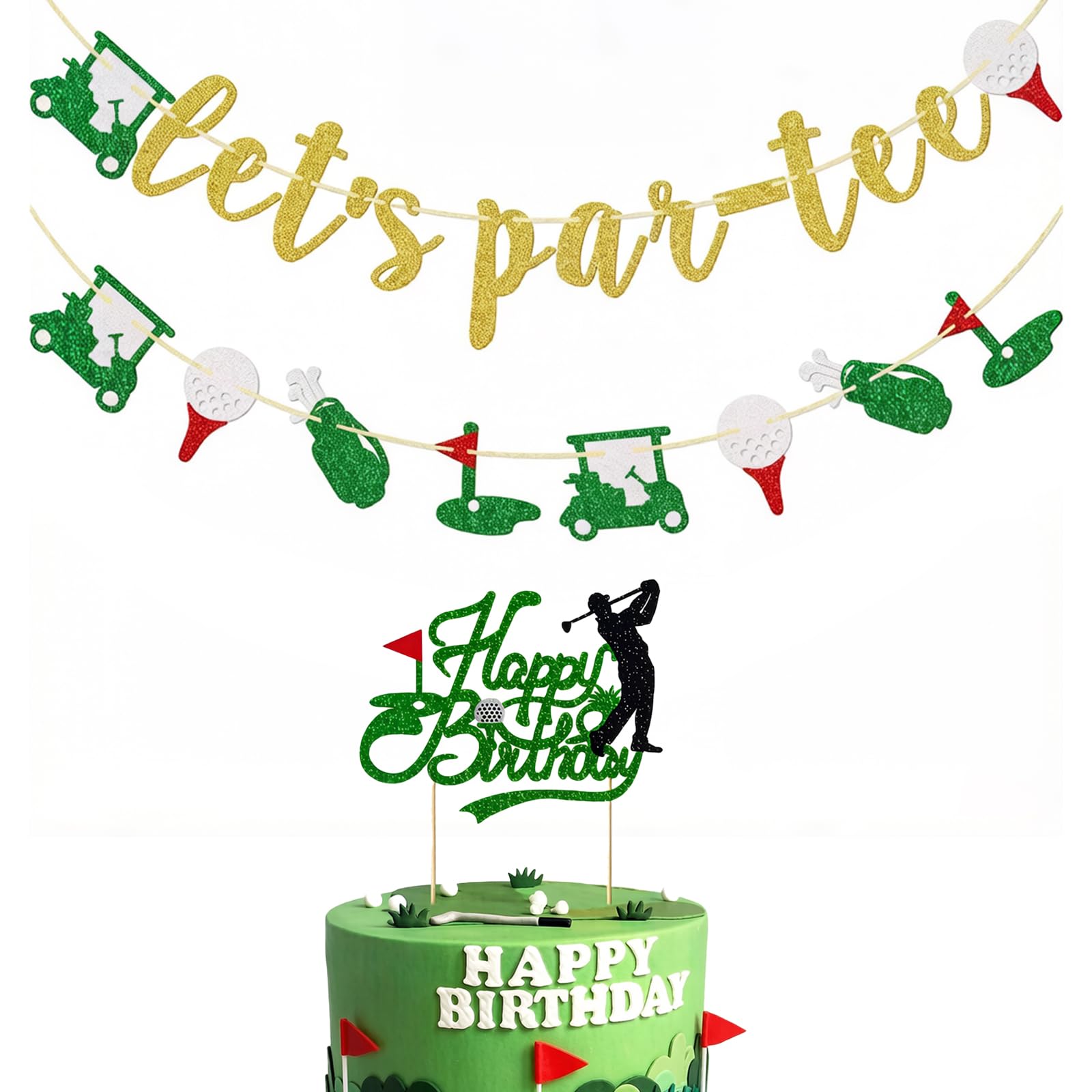 2PCS Golf Cake Decorations with Flag Banner and Golf Cake Toppers, Beautiful and Reusable Golf Party Decorations, Golf Decorations for Theme Party Birthday Celebrations