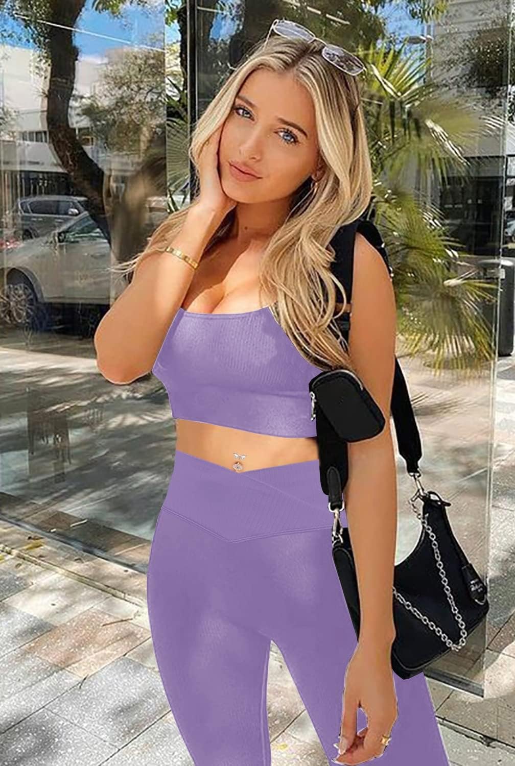 Workout Sets for Women,Two Piece Sexy Crossover Shorts Matching Set Cut One Shoulder Crop Tank Top 2 Piece Outfits 4 Packs - Image 6