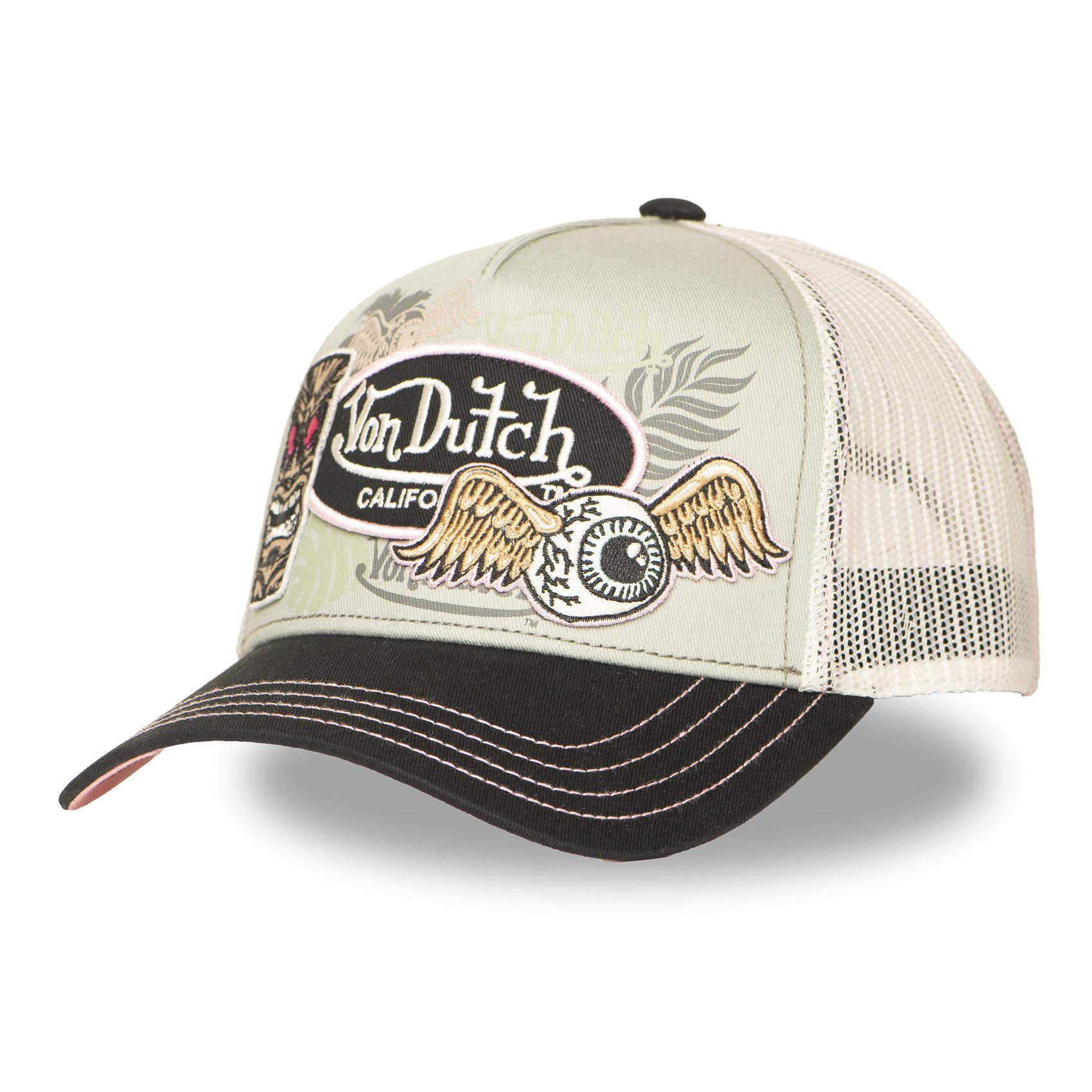 Von Dutch California Tiki Patch Mesh Trucker Cap Beige Black Vintage Style