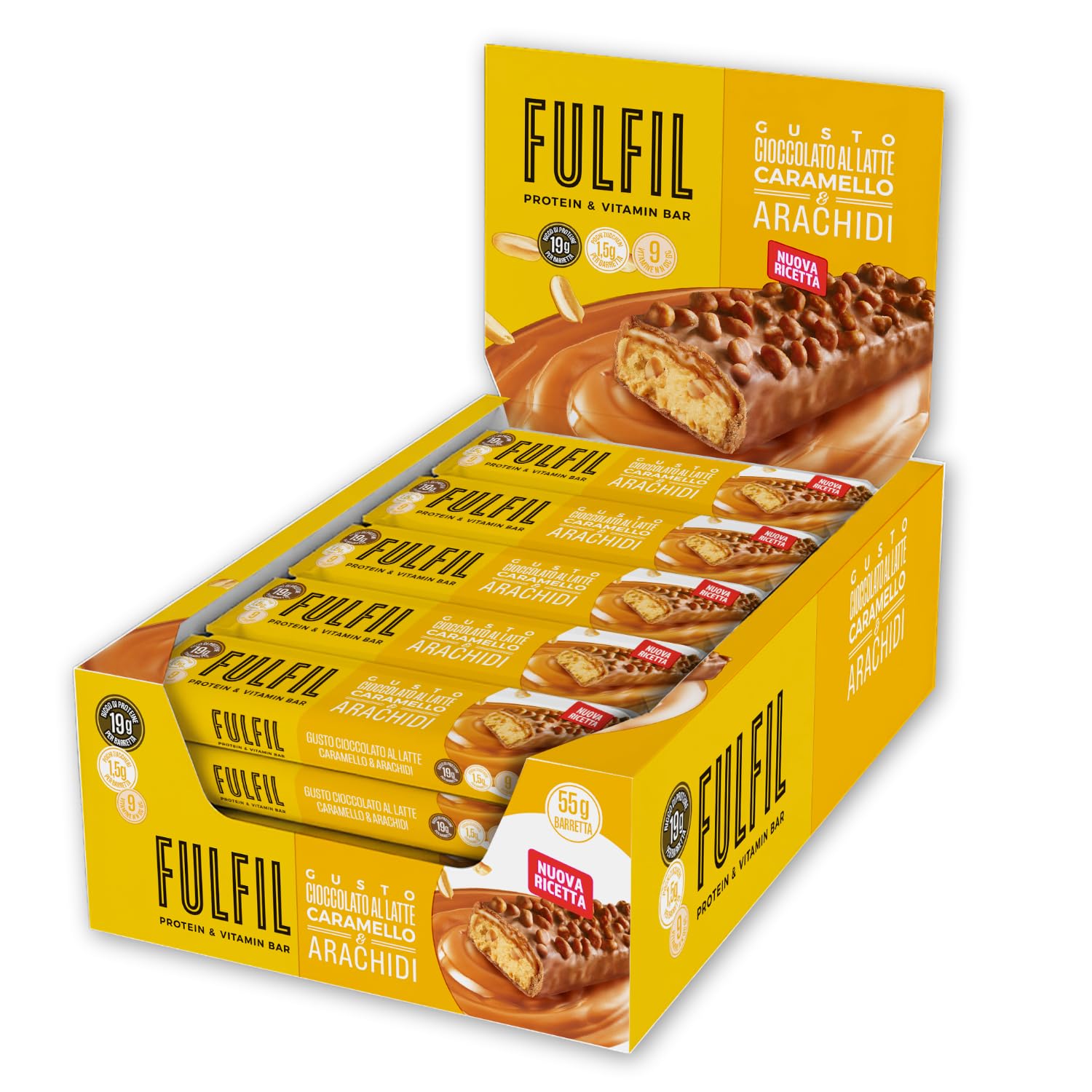 FULFIL - 15 Barrette Proteiche da 55 Grammi, Gusto Cioccolato Caramello e Arachidi con 9 Vitamine e Pochi Zuccheri, Confezione da 825 Grammi