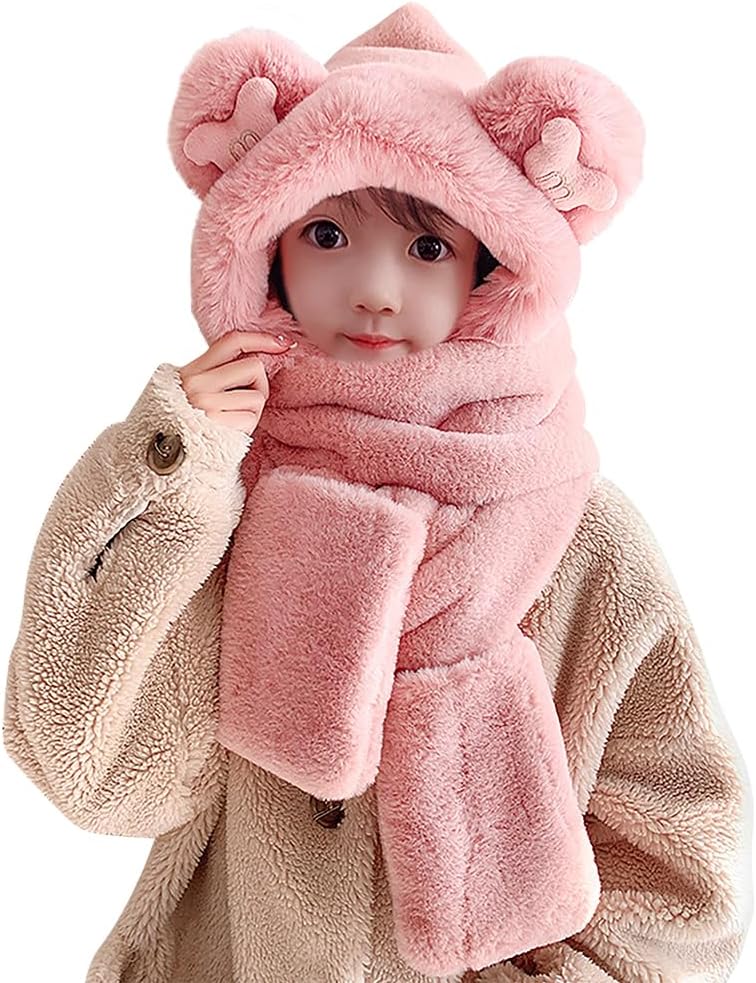 Kids Winter Hat Scarf Mittens 3 in 1 Faux Fur Hat Hooded Scarf Earflap Cap Neck Warmer Fuzzy Hoodie Ski Snow Cap Gloves Set