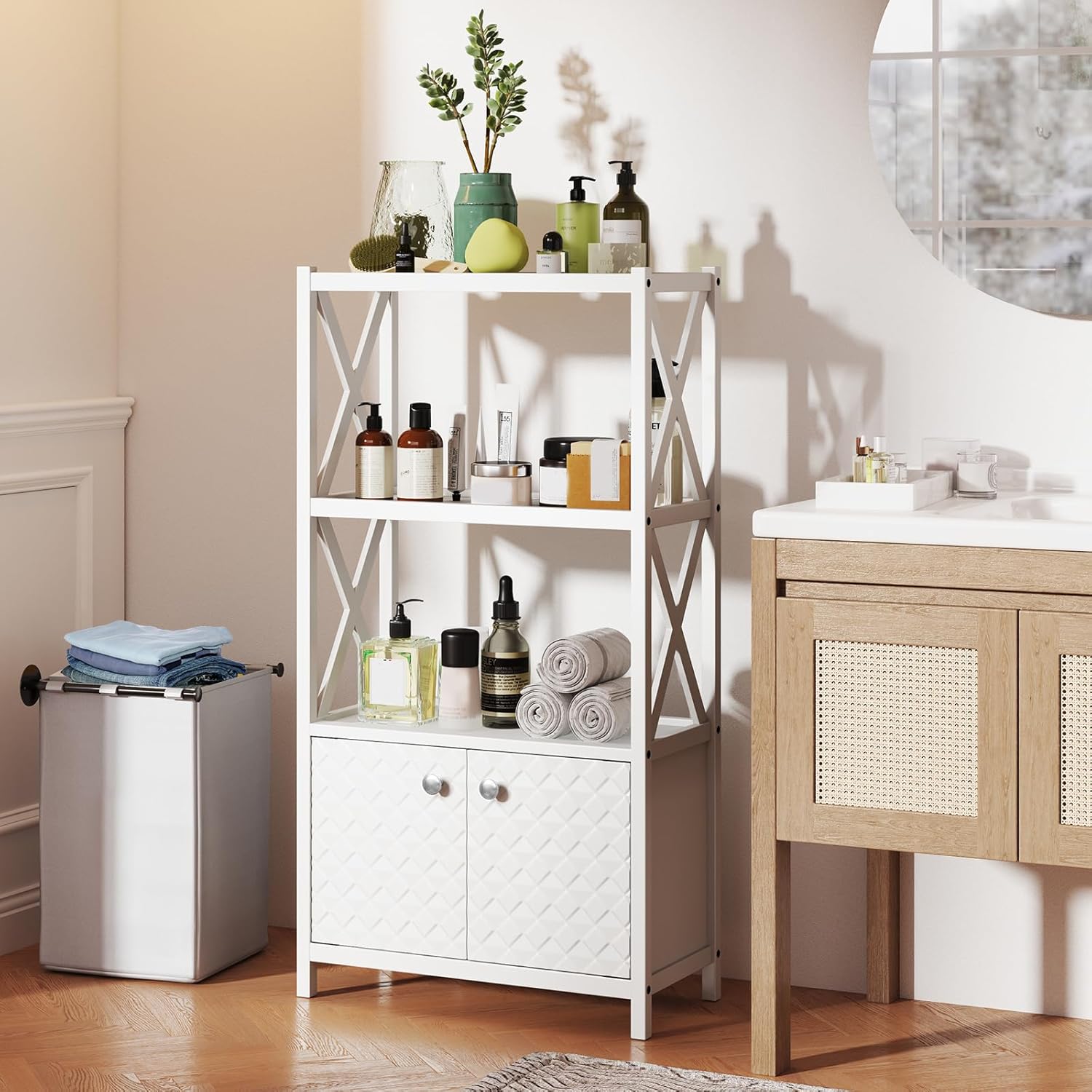 LOKO Freestanding Bathroom Floor Cabinet, Modern Storage Cabinet with 2 Doors & Open Shelves, Anti-toppling Design & Rubber Wood Frame, Storage Organizer for Living Room, Kitchen, Entryway (White)