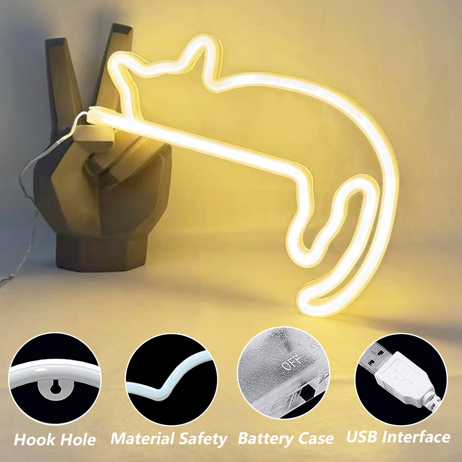 UExnkj-Y Cat Neon Sign, USB Powered Wall Bar Party Decoration, Warm Color Cat Neon Light, A-Cat-warm White - Image 2