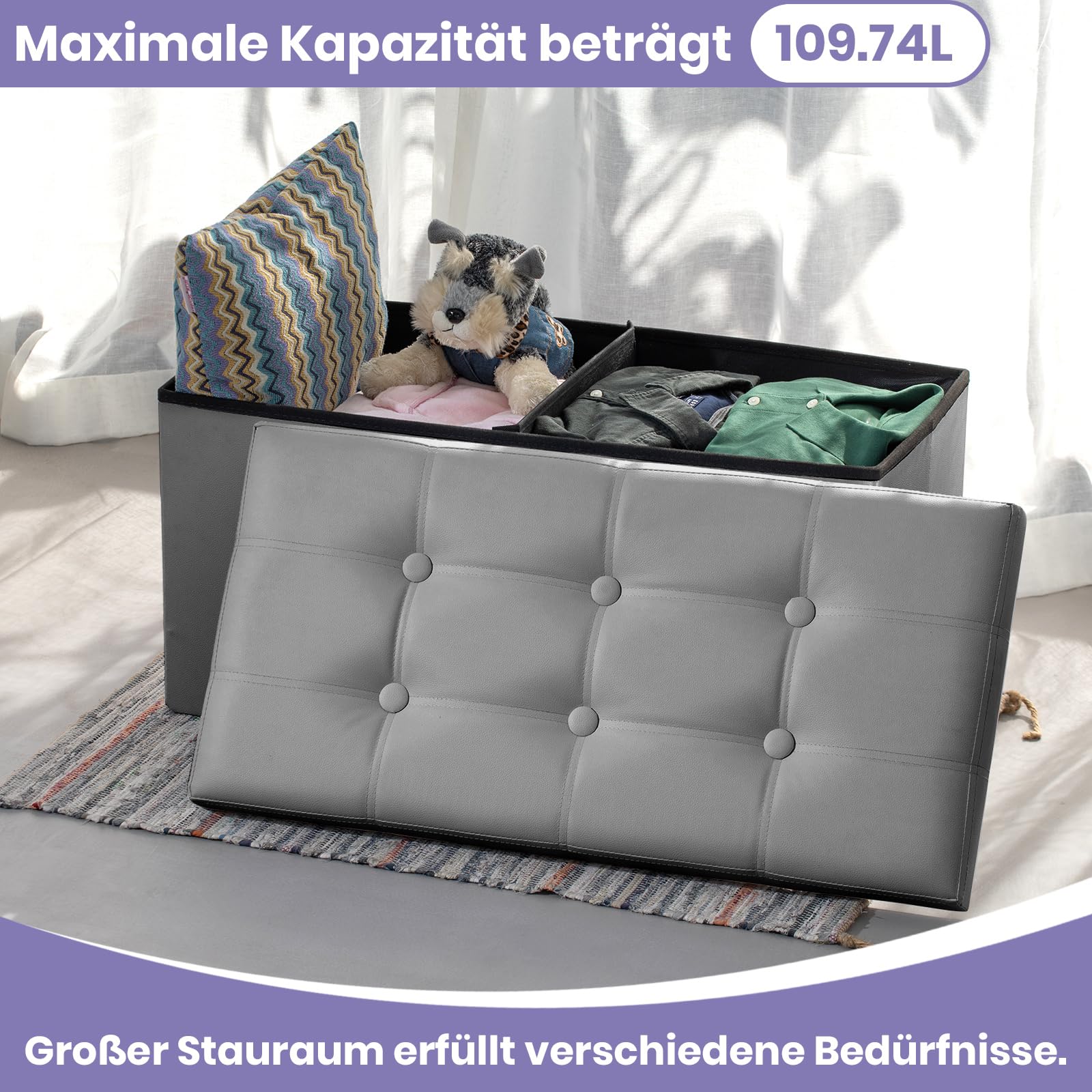Cosyland Sitzbank mit Stauraum - 76 x 38 x 38 cm Sitzhocker - Faltbare Hocker - Sitztruhe bis belastbar – Bild 4