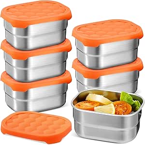 6 Pack Food Container Set, 8 Oz Small Stainless Steel Lunch Container with Orange Silicone Lid, Leak Proof Food Storage Containers Metal Lunch Box for Adults, Snack, Sandwich