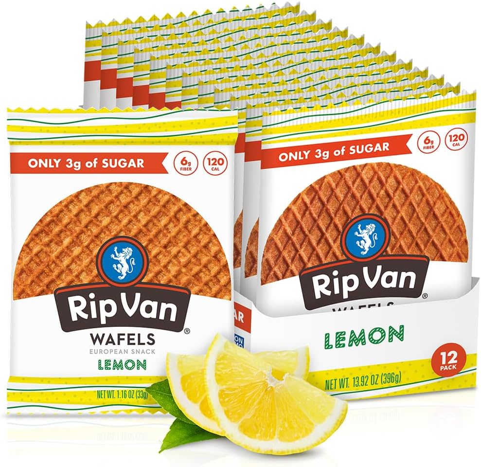 Rip Van WAFELS Lemon Stroopwafels - Healthy Snacks - Non GMO Snack - Keto Friendly - Office Snacks - Low Sugar (3g) - Low Calorie Snack - 12 Count (Packaging May Vary)