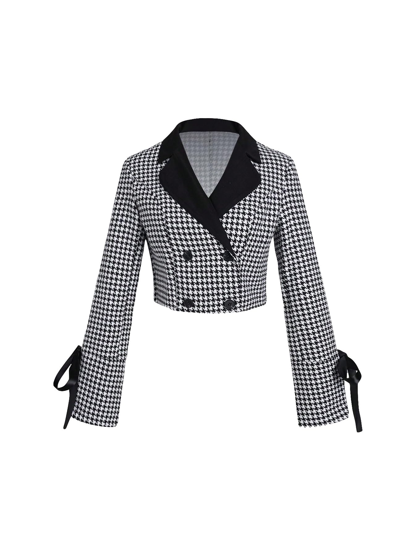WDIRARA Womens Houndstooth Printed Knot Front Double Breasted Long Sleeve Casual Crop Blazers