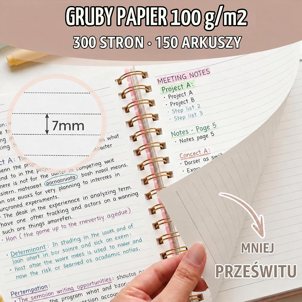 Notatnik A4 w linie, z 5 wyjmowanymi przegrodami, 300 stron papieru 100 g/m², twarda okładka, spirala, notatnik z zakładkami do nauki, biura i planowania