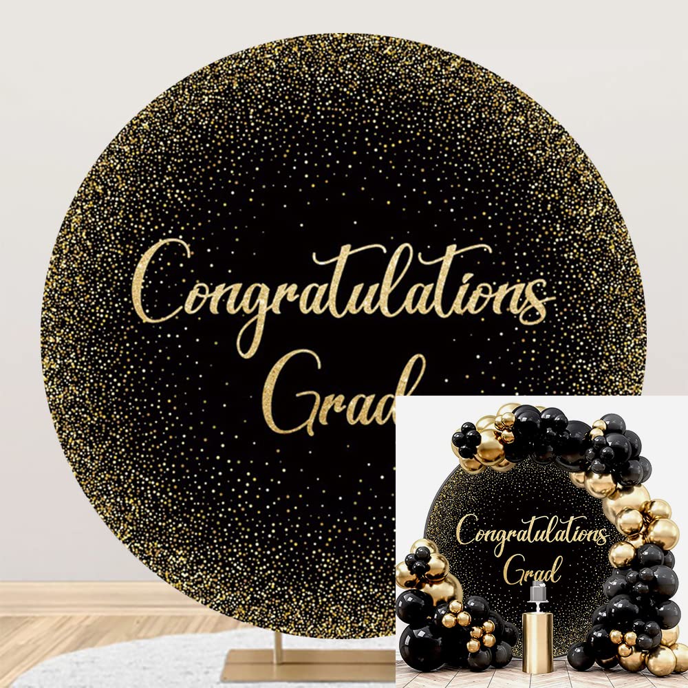 OERJU Graduation Round Backdrop Cover Congrats Grad Round Backdrop Black and Gold 2026 Graduation Party Decorations Circle Background Arch Cover