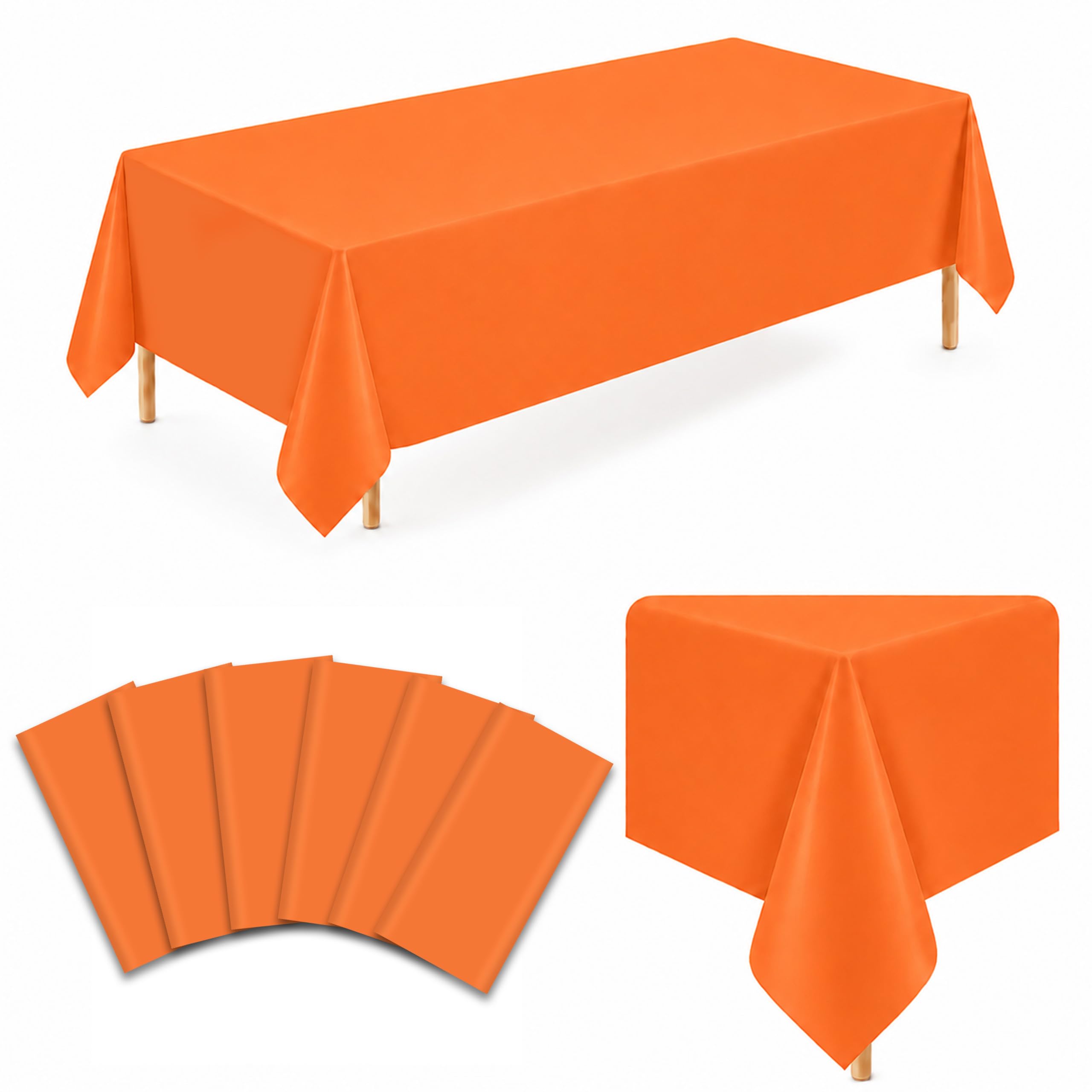 WNINK 6 Pack Orange Plastic Tablecloths, 54 x 108 Inch Disposable Covers
