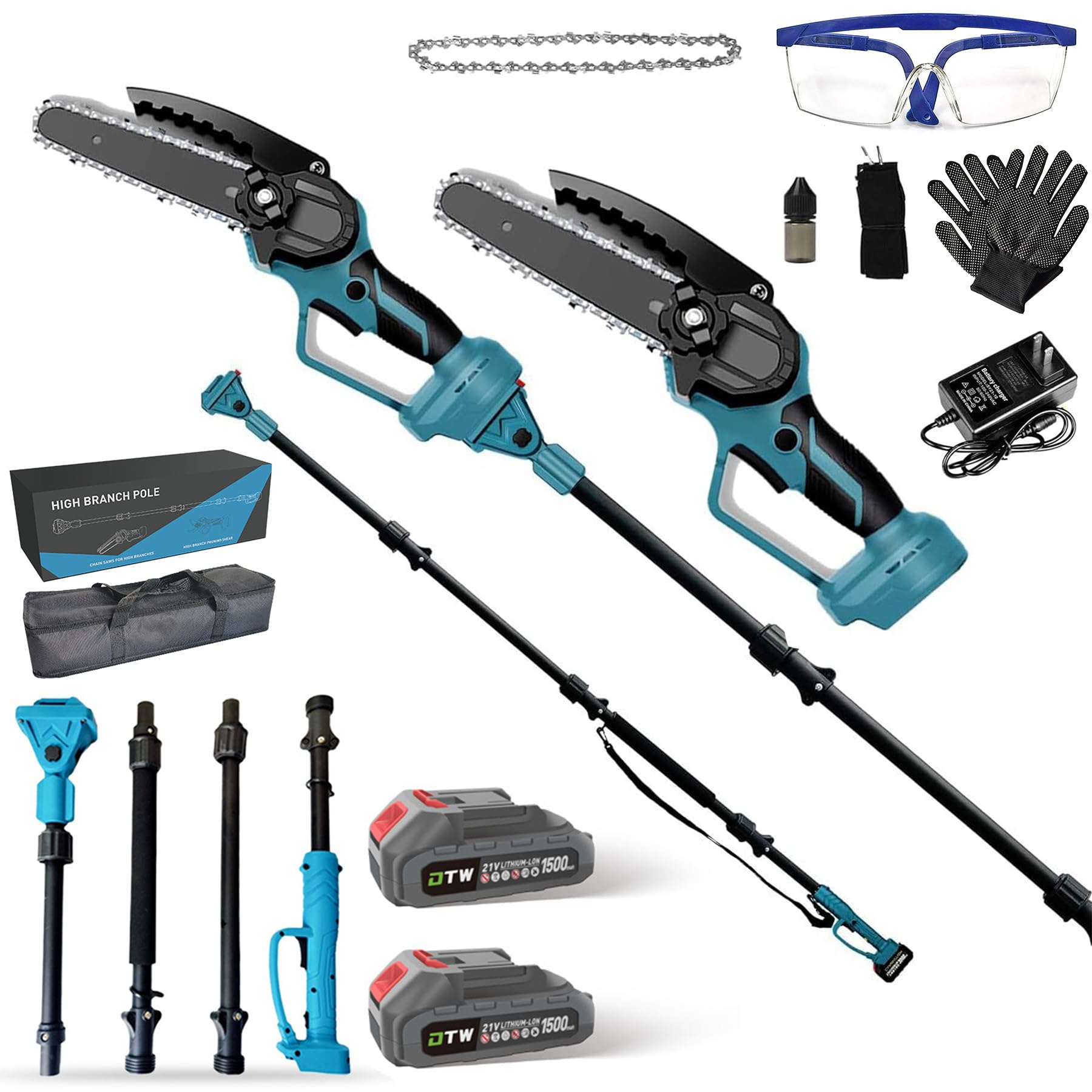 2-in-1 Akku Teleskop Hochentaster 6 Zoll & Mini Kettensäge,Arbeitshöhe bis 6.89 Fuß,mit Teleskop Elektro Hochentaster,Kompakte Hochentaster zum Baum- und Heckenschneiden