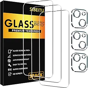 SIBEITU 3 Pack Screen Protector for iPhone 13 with 3 Pack Camera Lens Tempered Glass Protector, 6.1 Inch HD Clear Tempered Glass Film 9H Hardness Full Coverage, Scratch Resistent, No Air Bubbles