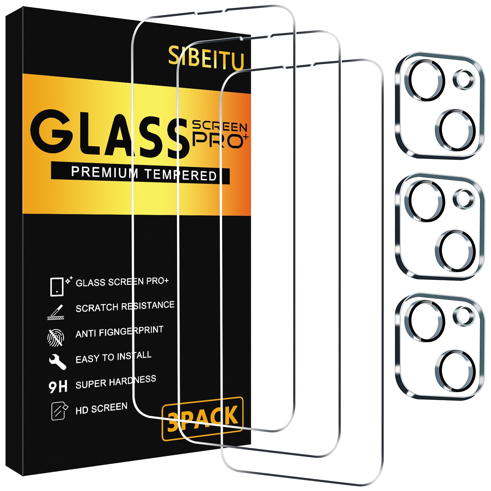 SIBEITU 3 Pack Screen Protector for iPhone 13 with 3 Pack Camera Lens Tempered Glass Protector, 6.1 Inch HD Clear Tempered Glass Film 9H Hardness Full Coverage, Scratch Resistent, No Air Bubbles