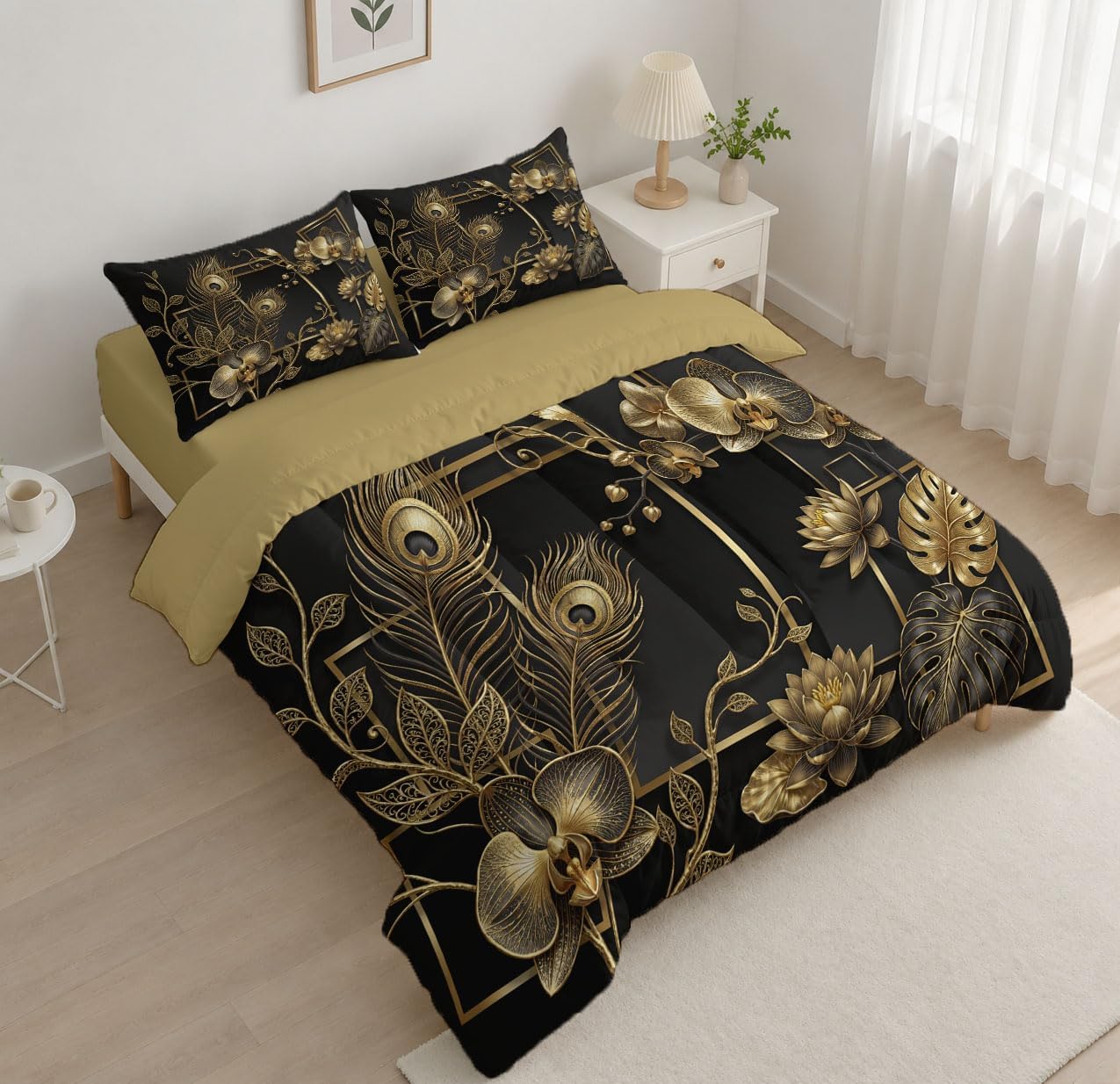 Retro Luxury Comforter Set Twin Size, Flowering Plants Bedding Set for Girls Boys, Gold Quilt Bed 68"X90" Bedding Comforter Sets with 2 Pillowcase Room Decor
