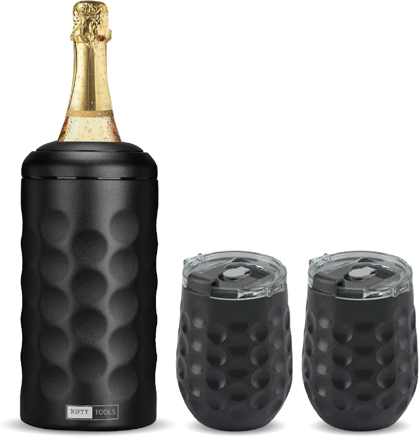 Wine lovers gift NIFTY TOOLS Portable Double Wall Insulated Vacuum Stainless Steel Wine Champagne Bottle Chiller gift set w/two tumblers (Black)
