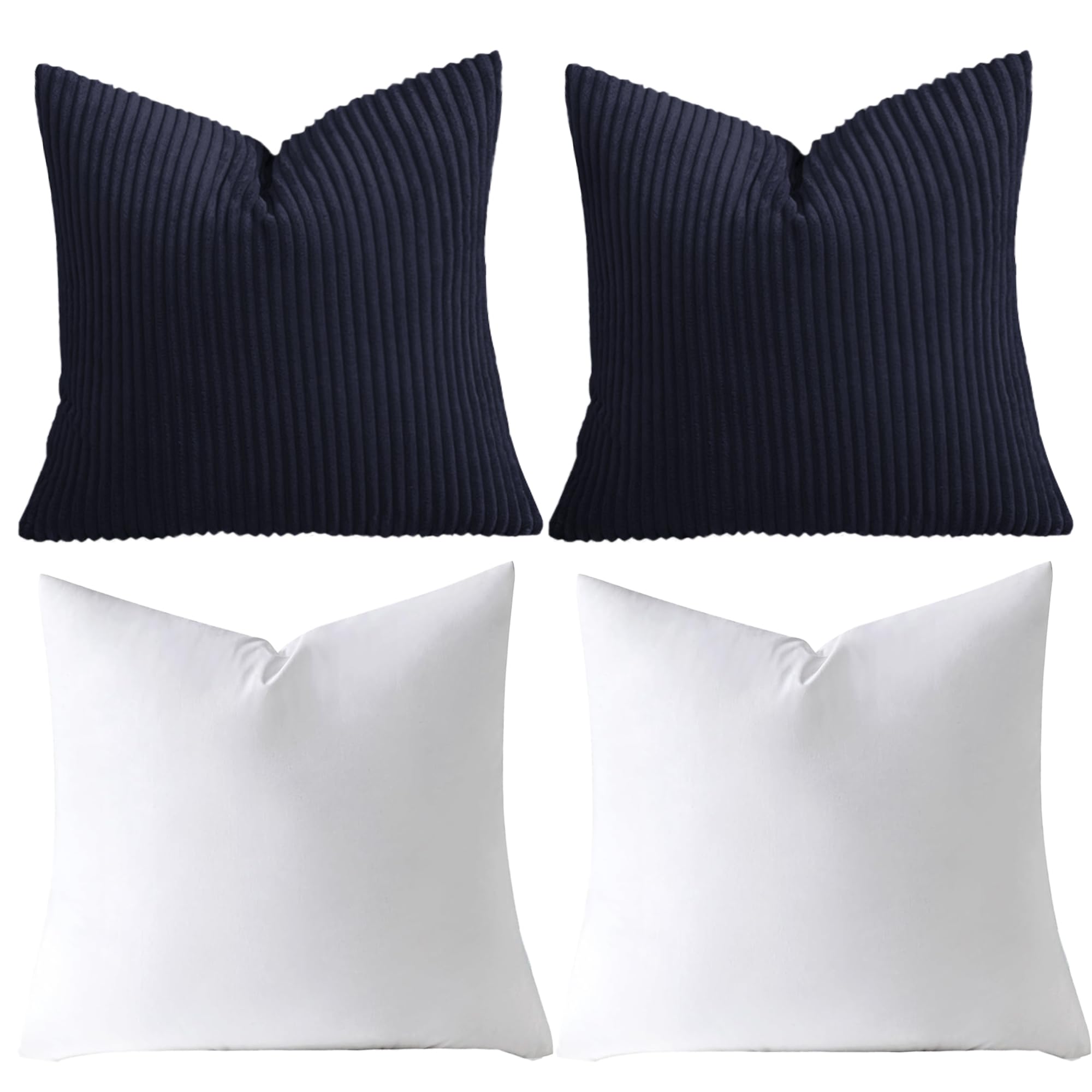 AMEHA Stripe Navy Velvet Cushions with covers included Pack of 2 (2 Covers 45 x 45 cm, 2 Inserts) Square throw Pillowcases with Invisible Zipper for Sofa Bed Livingroom 18”x18” inches
