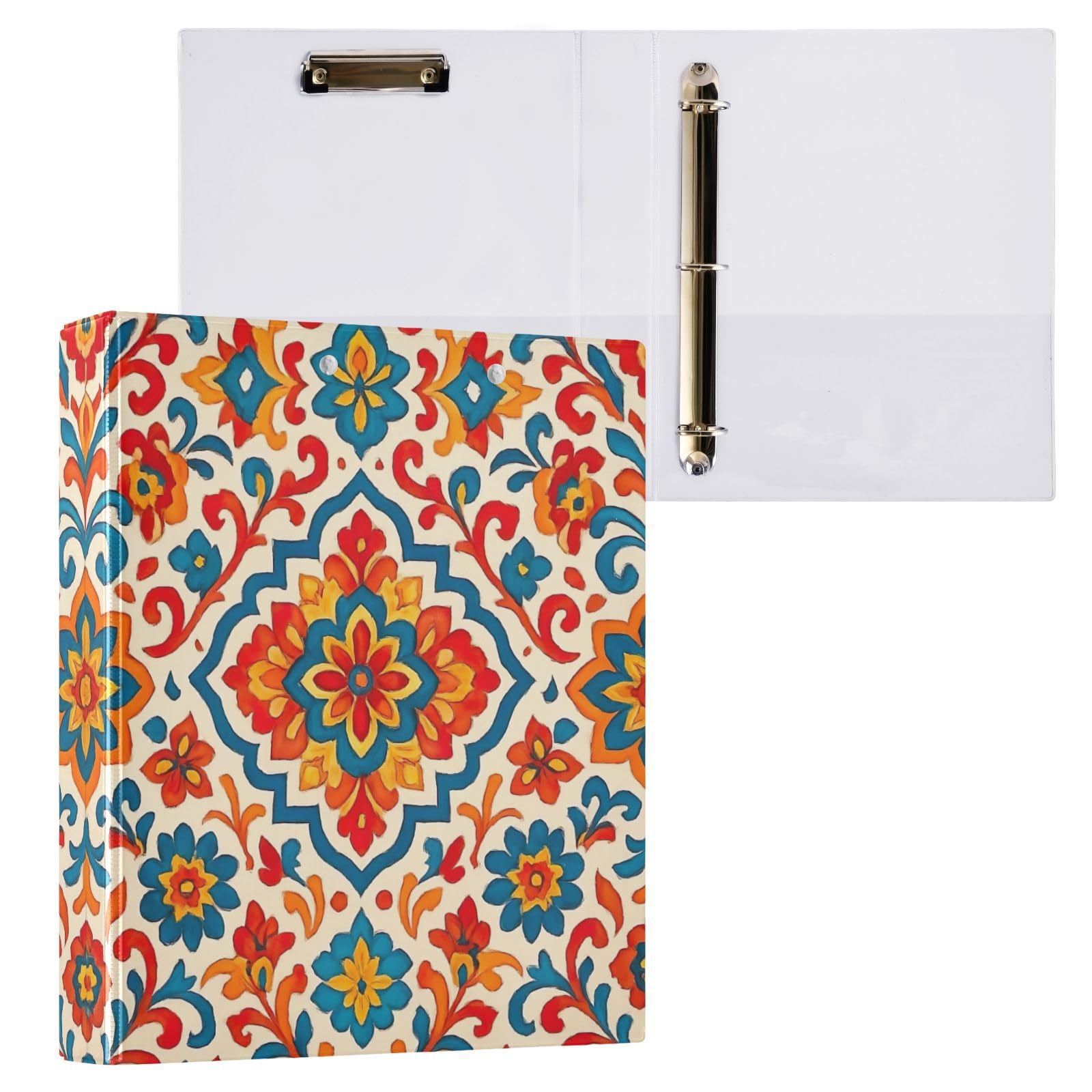 Carpeta floral española naranja de tres anillos de 1.5 pulgadas, carpeta de anillos en D, paquete de 2 | Con portapapeles y bolsillos, para escuela, universidad, oficina