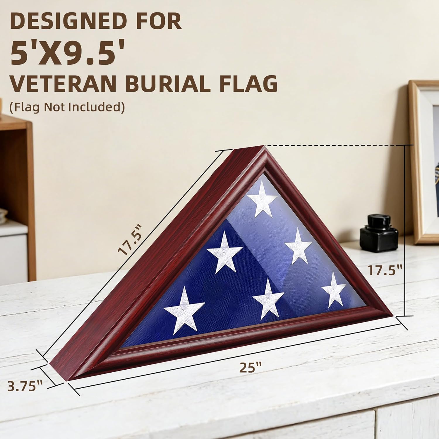 Flag Display Case - 5' x 9.5' Funeral & Military Flag Shadow Box with HD Tempered Glass and Wall Mount, Folded Triangle Flag Holder Frame for Veterans, Red