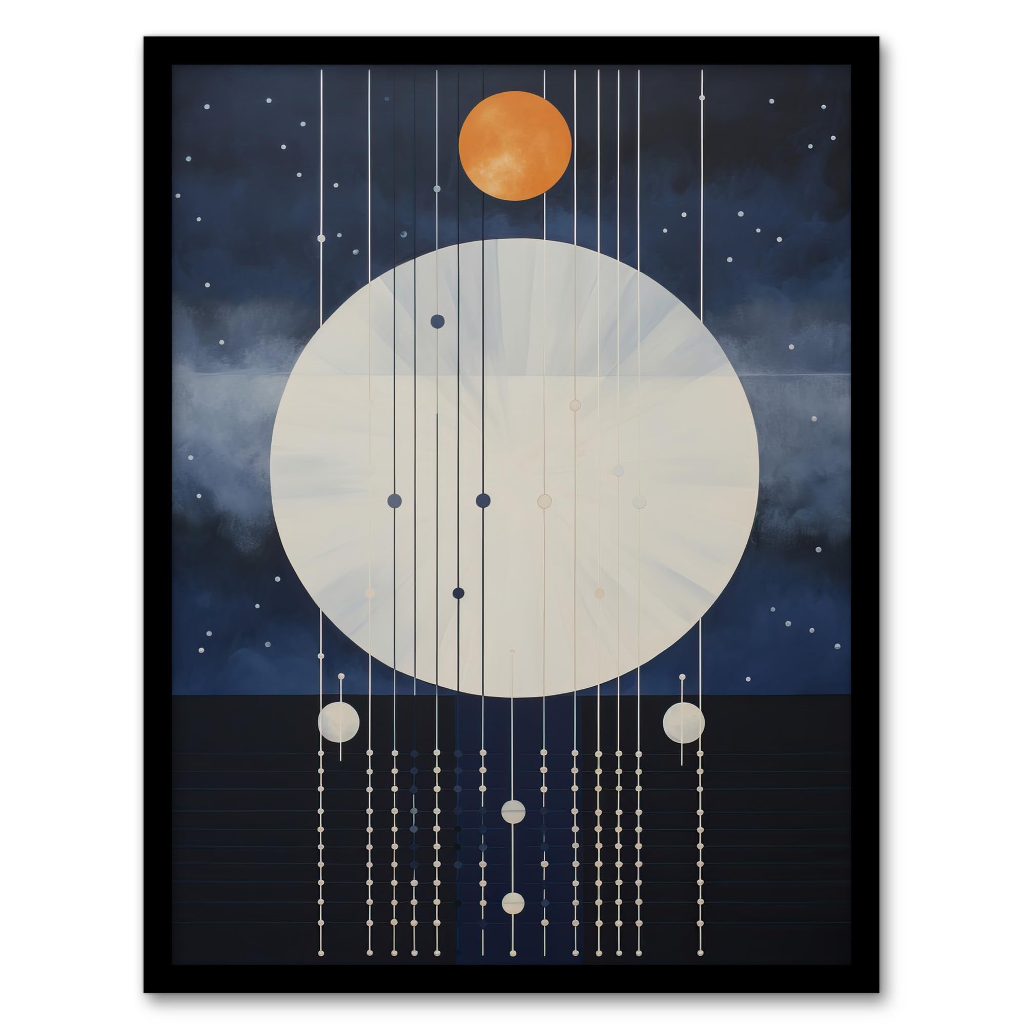 Wee Blue Coo Abstract Solar Eclipse Oil Painting Blue Orange Geometric Planetary Orbits Night Sky Artwork Framed Wall Art Print A4