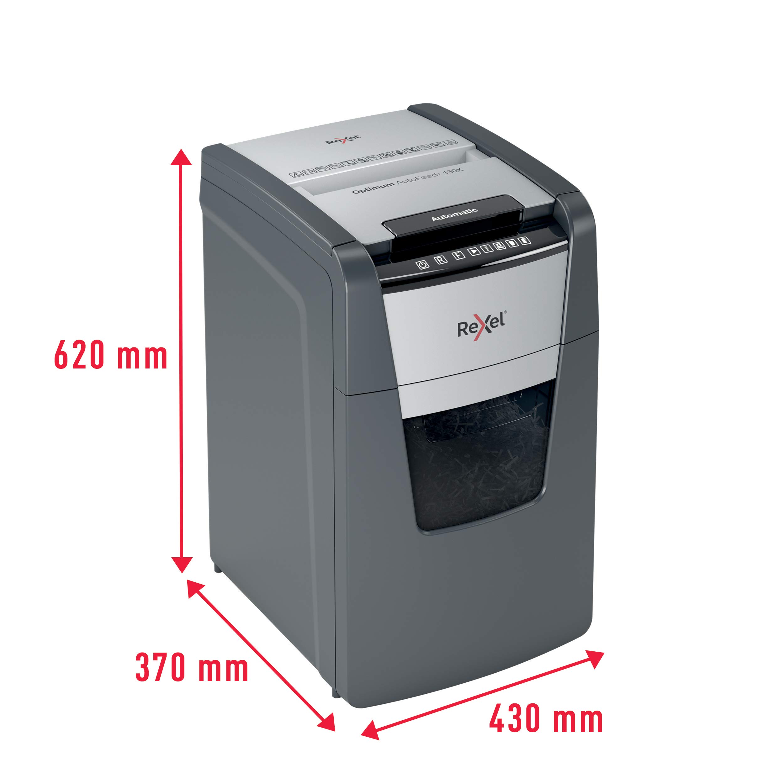 REXEL Optimum Auto Feed+ 130X, Distruggidocumenti Automatico, 130-150 Fogli (80-70 gr/mq), Taglio a Frammento, Livello di Sicurezza P-4, per Piccoli Uffici, Capacità 44 Litri, 2020130XEU