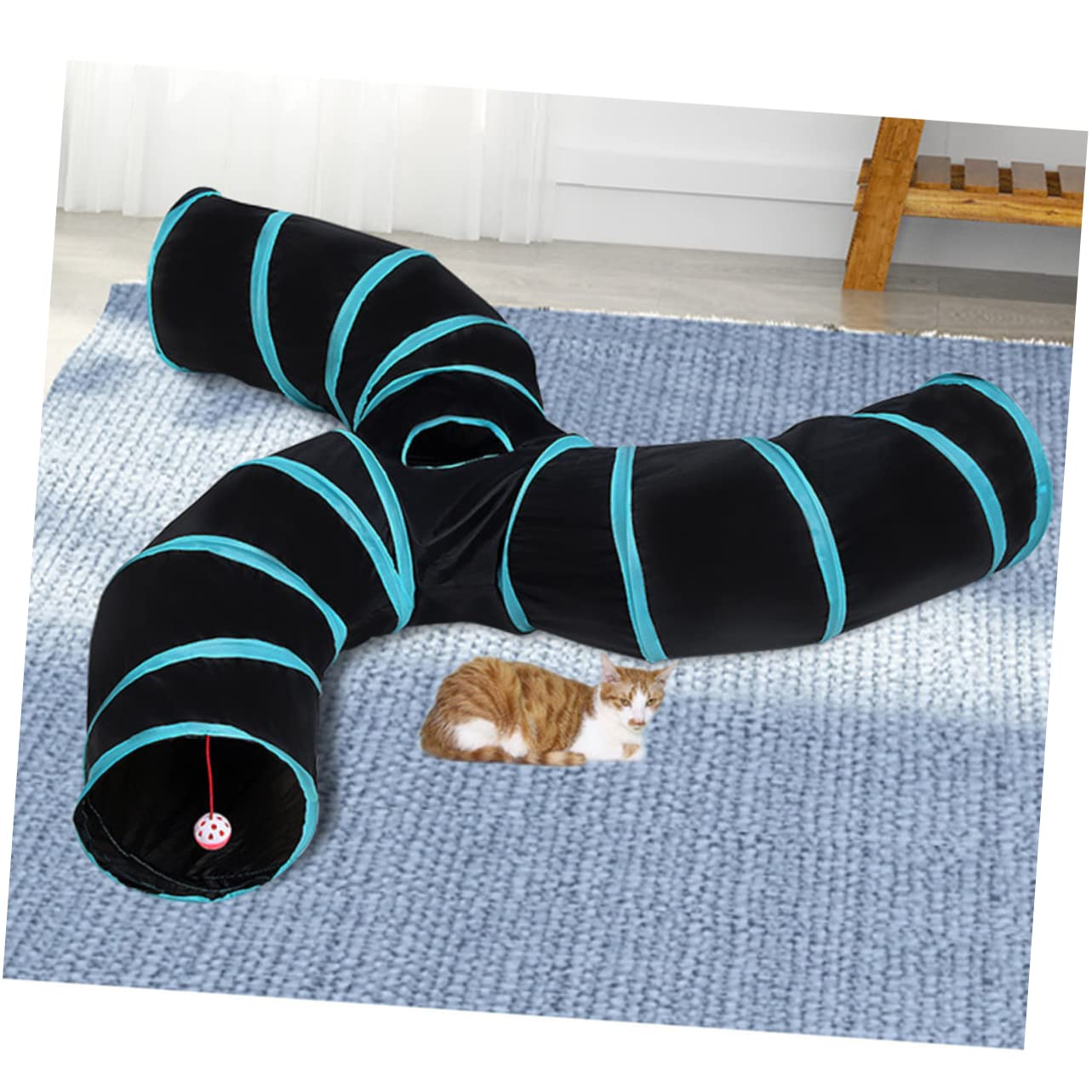 Tunnel per Gatti S a Tre Vie Pieghevole in Poliestere | Nero, Design a Righe, Portatile e Interattivo, per Gioco Felino Domestico