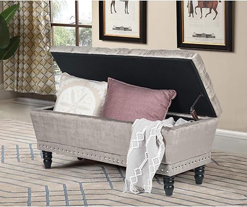 Miniatura 3 de Homebeez Banco otomano de almacenamiento de terciopelo con ribete de clavos (gris plateado)