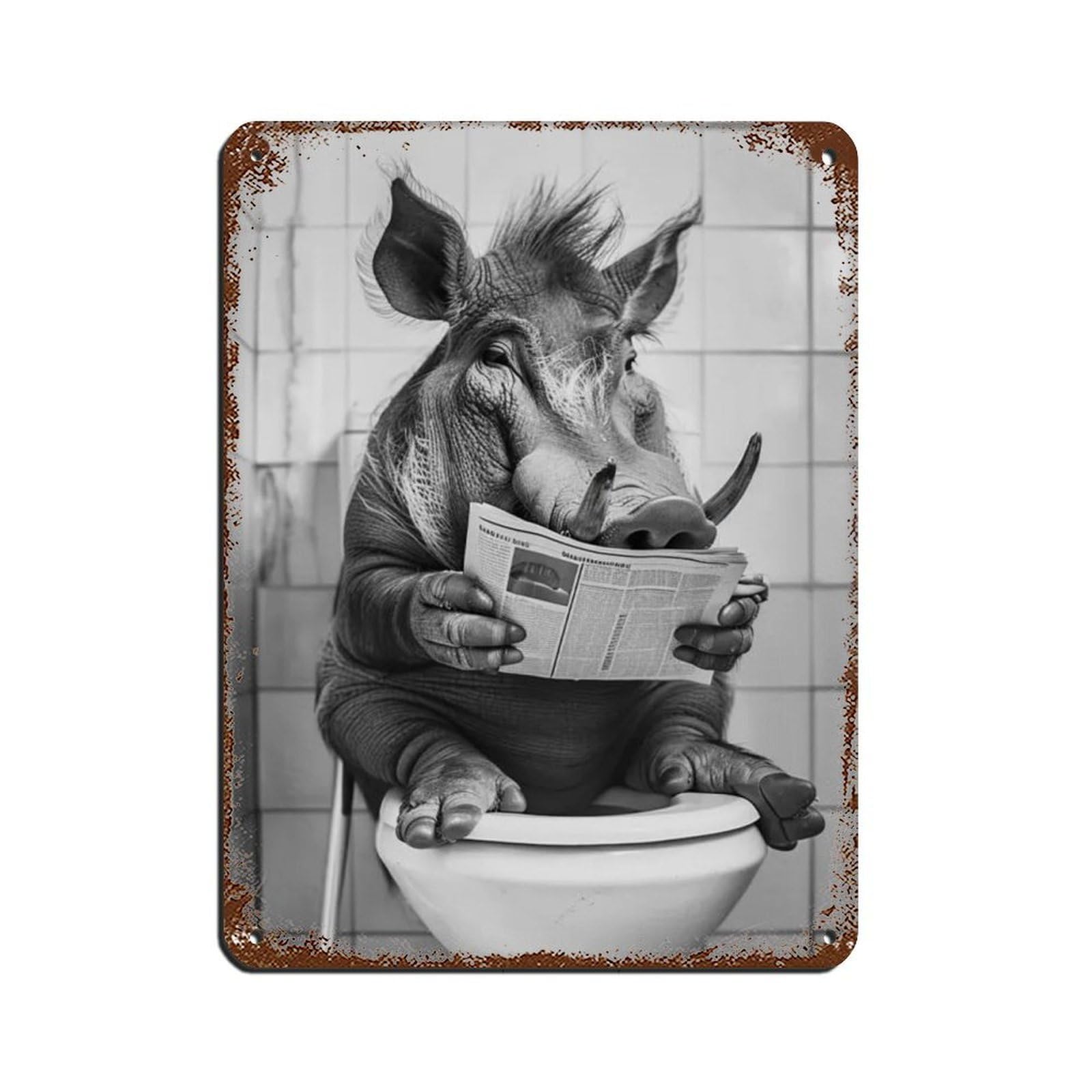 Lxwnze 30L X 40W Cm Warthog Sitting On The Toilet Reading A Newspaper Tin Sign Vintage Metal Pub Club Cafe Bar Home Wall Art Decoration Poster Retro 12X16inch(30X40cm)