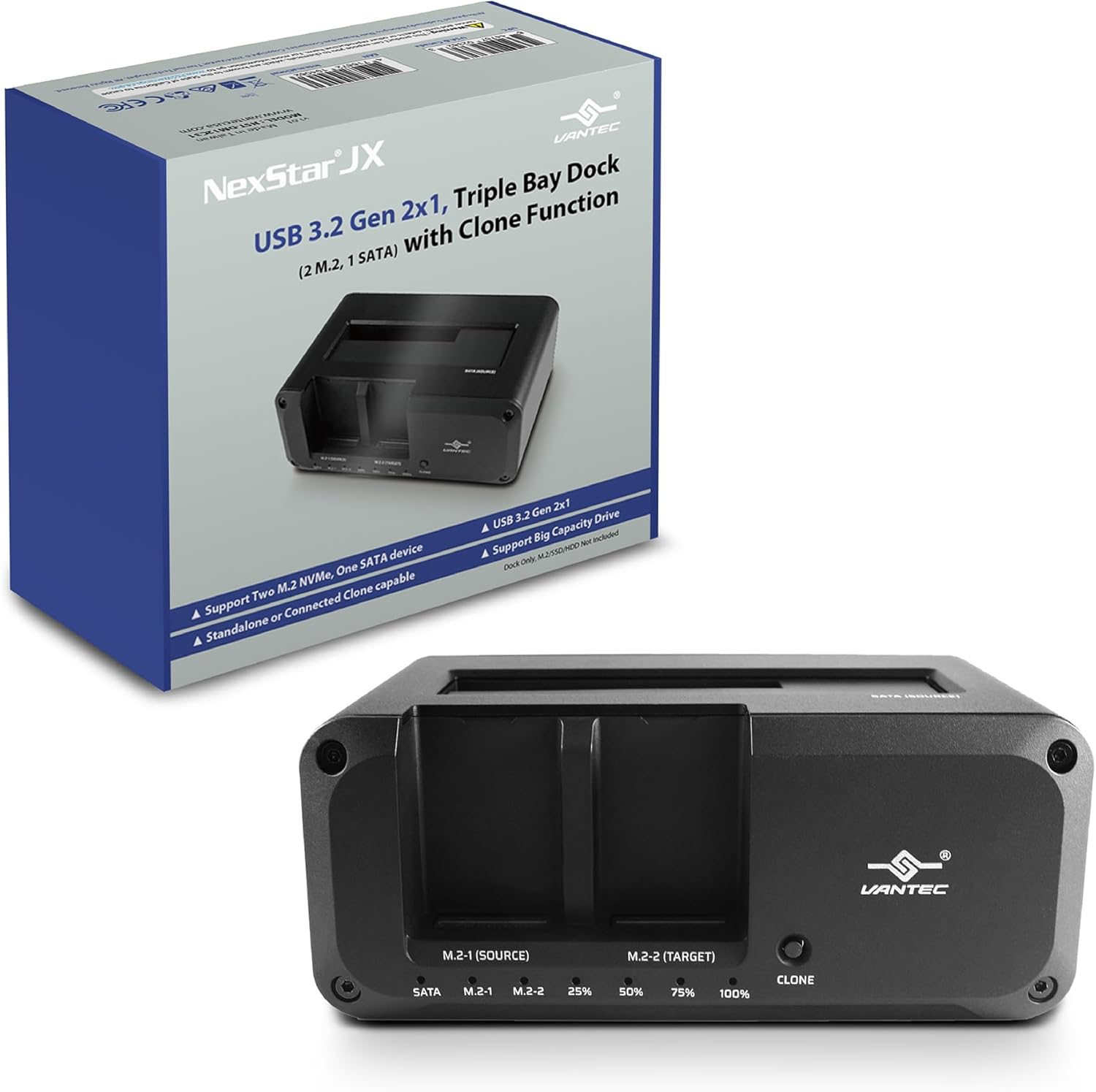 Vantec JX, USB 3.2 Gen 2x1, Triple Bay Dock (Dual M2, SATA) with Clone Function (NST-DM12C31)