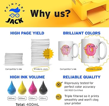 Printers Jack 400ML Sublimation Ink for Epson C88 C88+ WF7710 ET2720 ET4700 ET15000 ET2760 ET2750 WF7820 Inkjet Printers Heat Press Transfer on Mugs, Plates, Polyester Shirts, Phone Cases etc