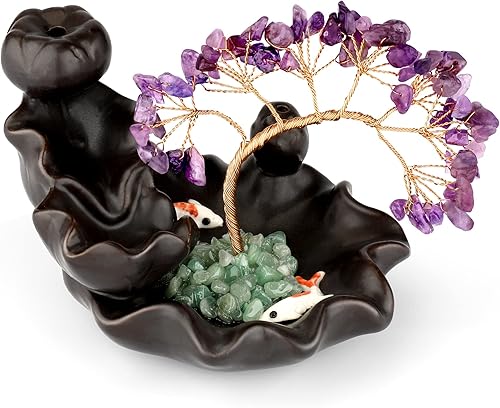 Quemador de incienso en cascada de cristal, quemador de incienso de reflujo hecho a mano, cerámica, árbol del dinero, piedra de cristal, quemador de