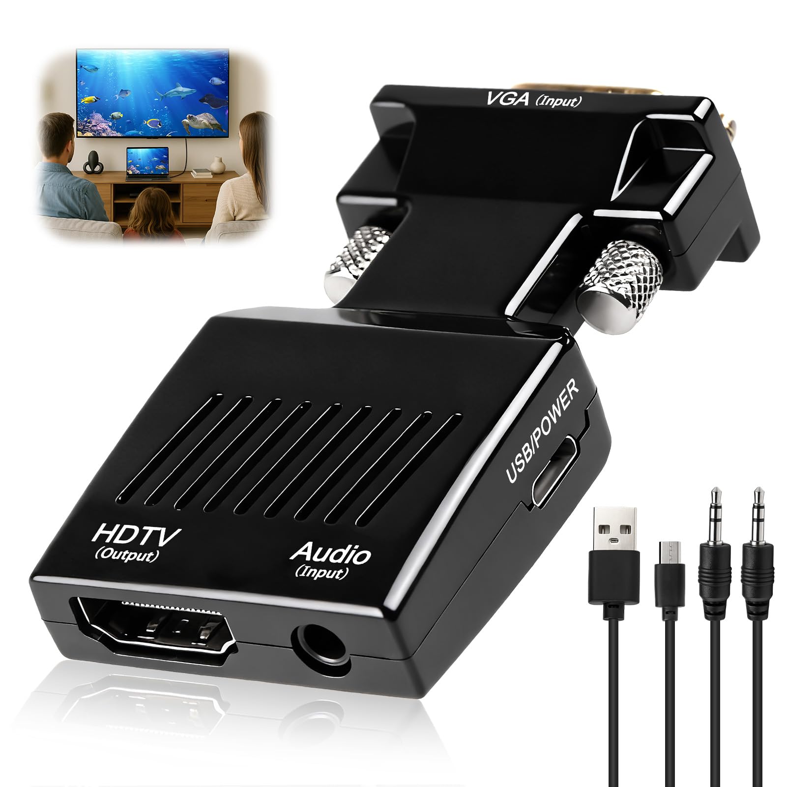 Adaptateur VGA vers HDMI 1080P Convertisseur Mâle vers Femelle 60Hz avec Câble 3,5 mm et Alimentation pour PC vers TV